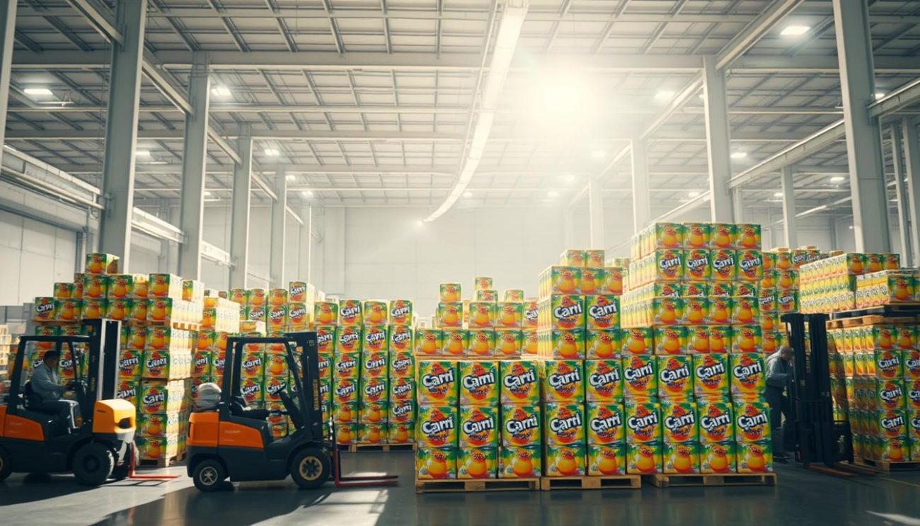 A brightly lit warehouse interior, rows of neatly stacked Capri Sun juice pouches awaiting distribution. Forklifts gently move pallets, workers carefully arranging the vibrant packaging in an organized display. The cool, modern space is filled with the aroma of freshness, conveying a sense of efficiency and attention to detail. Soft, diffused lighting casts long shadows, highlighting the dynamic movement and energy of the scene. The Capri Sun products take center stage, their iconic design and colors popping against the neutral warehouse backdrop, ready to be shipped out to eager consumers.