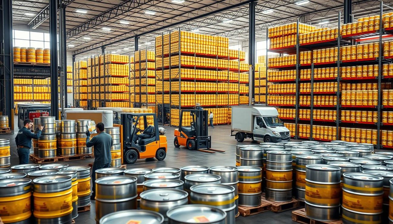 A bustling wholesale canola oil distribution warehouse, brightly lit from large windows. In the foreground, workers carefully loading large steel drums onto pallets. In the middle ground, forklifts transporting pallets of oil to waiting delivery trucks. The background shows rows of towering steel shelving units, stocked with countless barrels of golden canola oil. The scene conveys a sense of efficiency, organization, and the scale of bulk canola oil purchasing and distribution.