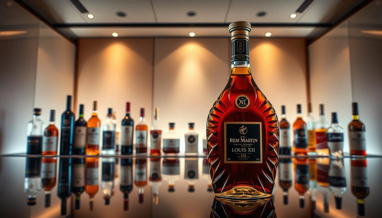 A high-end spirits display in a luxurious setting, with a sleek, modern aesthetic. In the foreground, a bottle of Remy Martin Louis XIII Cognac takes center stage, its rich amber hue and elegant design catching the eye. Surrounding it, various other premium liquor bottles are arranged in a visually appealing, symmetrical layout, each casting subtle reflections on the polished surface beneath. The middle ground features a neutral-toned, minimalist backdrop, allowing the products to shine. Warm, directional lighting casts a soft, inviting glow, creating a sense of exclusivity and refinement. The overall composition evokes a sense of luxury, quality, and connoisseurship, perfectly suited to showcase the Remy Martin Louis XIII Cognac buyer's guide.