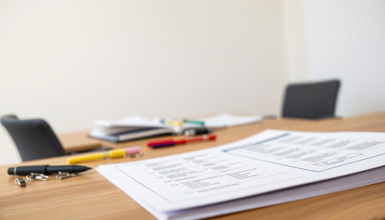 A high-quality, detailed image of a formal checklist for canola oil wholesaler certification. The checklist is presented on a wooden desk, with a clean and professional appearance. The foreground features the checklist document with clearly printed sections, checkboxes, and fields. In the middle ground, there are various stationery items such as a pen, highlighter, and paperclips, creating a sense of an active, well-organized workspace. The background depicts a minimalist office setting with neutral-toned walls, suggesting a calm and focused environment conducive to thorough review and assessment. The lighting is soft and diffused, creating an atmosphere of attentiveness and diligence. The overall mood conveys reliability, attention to detail, and the importance of comprehensive evaluation for canola oil wholesaler certification.