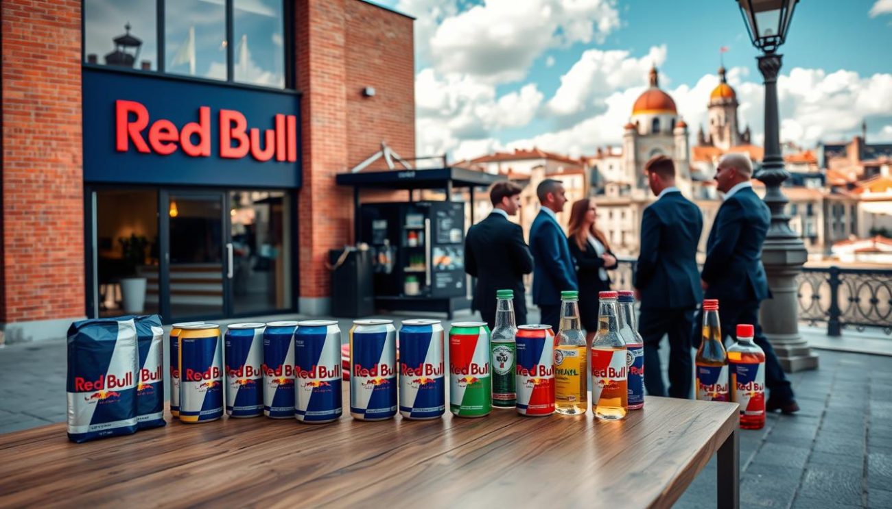 A high-quality photograph of a modern red brick commercial building with large windows, showcasing a Red Bull logo on the facade. In the foreground, a wooden table displaying various Red Bull product packages, cans, and bottles in different sizes and flavors. The middle ground features a group of smartly dressed business people engaged in conversation, suggesting a professional wholesale distribution setting. The background depicts a picturesque Portuguese cityscape with historic architecture and a blue sky with fluffy white clouds. Soft, natural lighting illuminates the scene, creating a warm, inviting atmosphere.