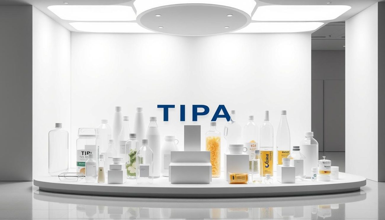 A high-resolution, highly detailed image of a modern, sleek TIPA Rigid Packaging Solutions display in a clean, minimalist showroom setting. The display features a variety of rigid, transparent plastic packaging items arranged in an eye-catching, symmetrical layout, showcasing TIPA's innovative design and engineering prowess. Soft, diffused lighting from above creates a warm, inviting atmosphere, and the products are presented against a simple, white background that allows them to take center stage. The composition highlights the clarity, durability, and sustainable nature of TIPA's rigid packaging solutions, perfectly aligning with the article's subject and section title.