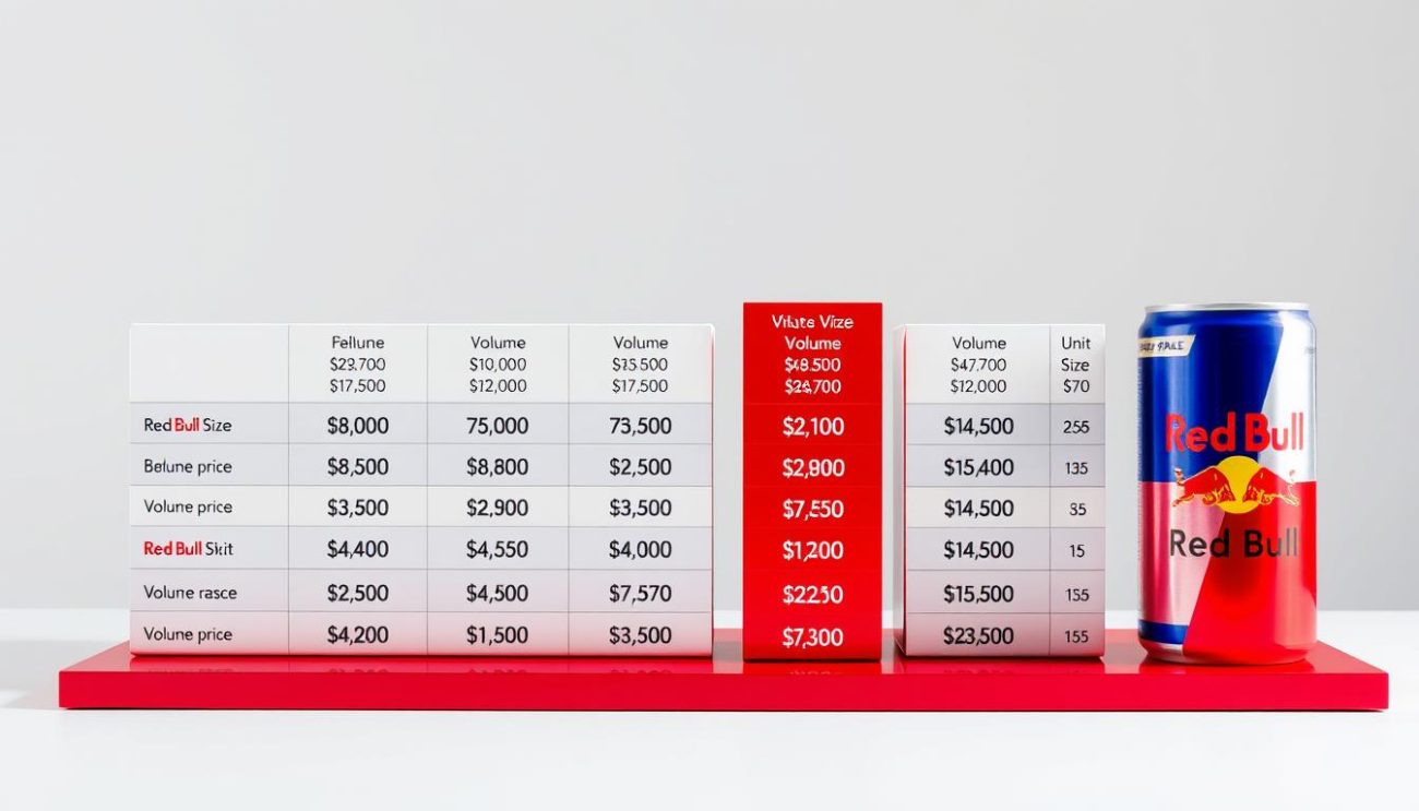 A high-resolution, realistic photo of a glossy, metallic red table displaying a detailed comparison chart of Red Bull bulk pricing models. The chart showcases various package sizes, unit prices, and volume discounts in a clean, organized layout against a plain white background, bathed in soft, directional lighting that highlights the product's vibrant colors and reflective surfaces. The overall mood is informative and professional, with a focus on conveying the nuanced pricing structures available for bulk Red Bull purchases.
