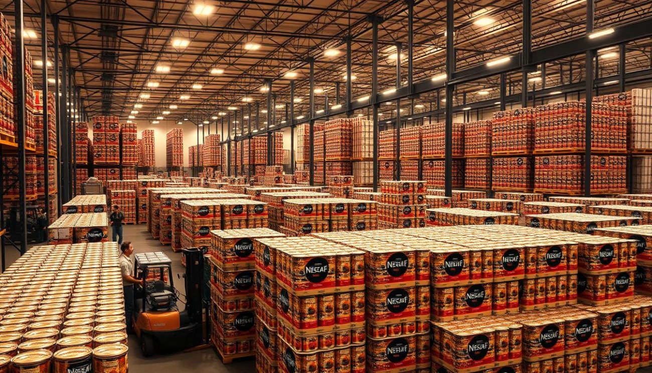 A large warehouse filled with neatly stacked pallets of Nescafé coffee in bulk. The lighting is warm and inviting, casting a soft glow over the scene. In the foreground, workers carefully arrange the coffee cans, ensuring each pallet is precisely packed and ready for shipment. The middle ground showcases the impressive scale of the operation, with rows of shelves and forklifts efficiently moving the merchandise. In the background, the warehouse's high ceilings and modern architecture create a sense of efficiency and professionalism. The overall atmosphere conveys the benefits of buying Nescafé coffee in bulk - reliability, consistency, and cost-effectiveness for any business.