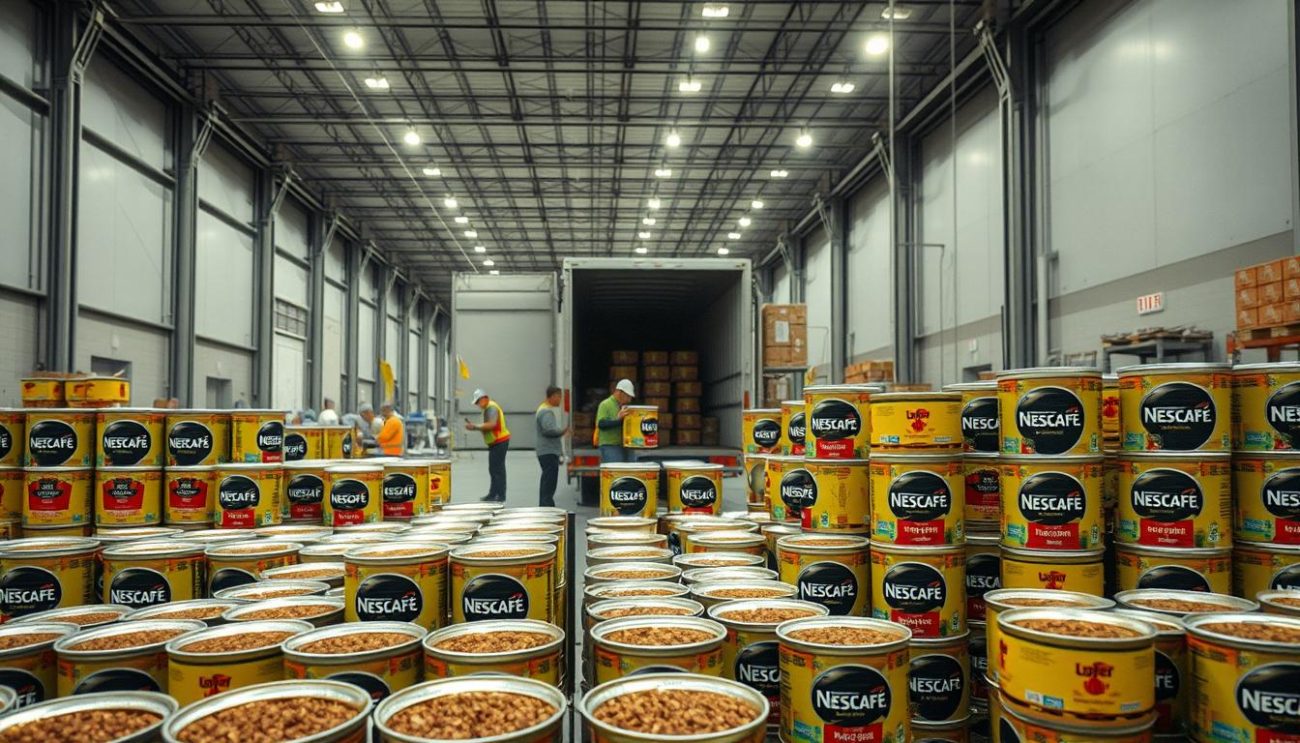 A large, well-lit warehouse interior with rows of stacked Nescafé coffee canisters in the foreground. The canisters are arranged neatly, some open to reveal the rich brown coffee grounds inside. In the middle ground, workers carefully load the canisters onto a waiting delivery truck, their movements efficient and practiced. The background shows the high ceilings and support beams of the warehouse, conveying a sense of scale and efficiency. The lighting is bright and even, casting a warm glow over the scene and highlighting the quality and care taken in preparing the bulk Nescafé shipment. The overall atmosphere is one of a well-oiled operation, ready to deliver high-quality coffee at lower costs to businesses.
