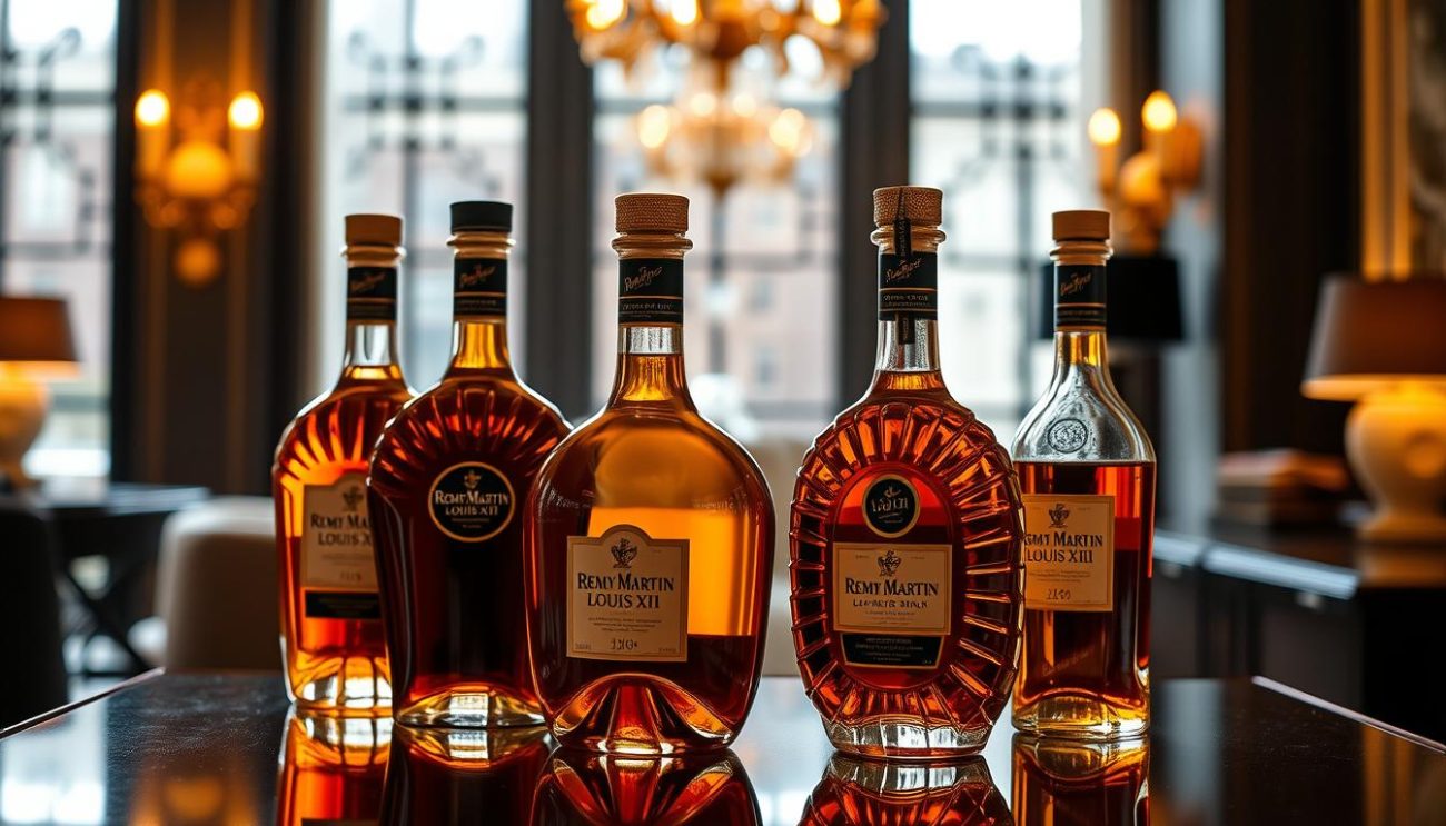 A meticulously curated collection of premium limited edition Remy Martin Louis XIII cognac bottles, elegantly displayed against a sophisticated backdrop. The bottles are captured in warm, soft lighting, casting a rich, amber glow that highlights their intricate design and craftsmanship. The scene is set in a high-end, luxurious environment, with a blend of classic and contemporary elements, creating an atmosphere of exclusivity and refinement. The image conveys the essence of the cognac's heritage and the artistry of its production, inviting the viewer to indulge in the pinnacle of cognac luxury.