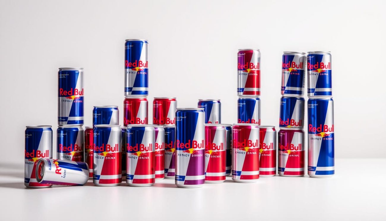 A modern, minimalist commercial photography setup featuring an array of Red Bull energy drink cans in a table-top arrangement. The cans are presented in various configurations - stacked, scattered, and arranged in a grid-like pattern - to showcase their versatility and suitability for commercial applications. Soft, even lighting illuminates the cans, highlighting their vibrant red color and sleek, iconic design. The background is a simple, neutral tone that allows the products to take center stage. The overall composition conveys a sense of practicality, efficiency, and the potential for Red Bull to be utilized in a wide range of commercial settings.