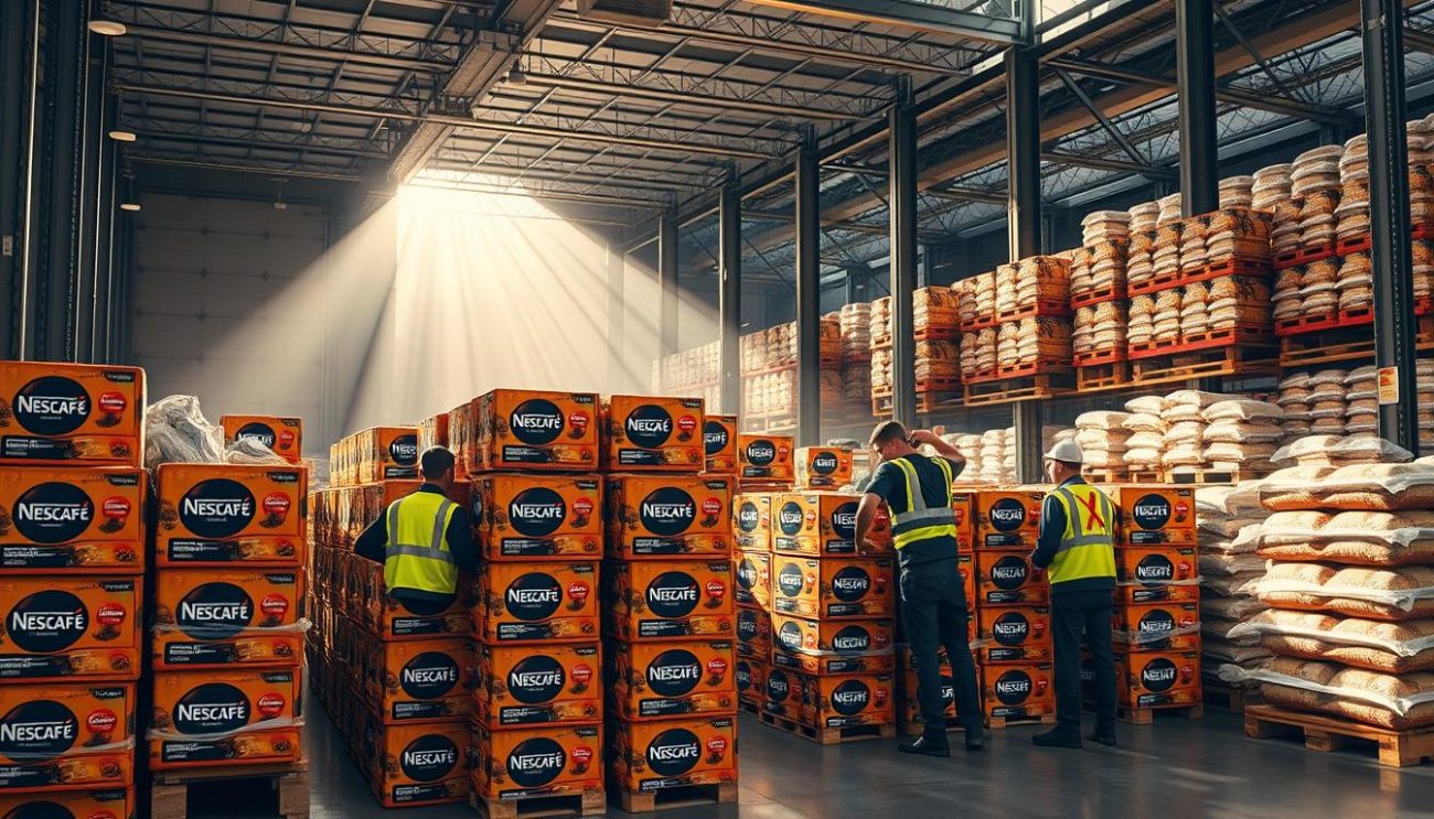A modern, well-lit warehouse interior with rows of stacked Nescafé coffee crates and bags. In the foreground, a team of workers carefully arranging and securing the coffee pallets, ready for loading onto trucks. Beams of natural light stream through the windows, casting a warm glow over the scene. The workers wear uniforms and safety gear, conveying a sense of efficiency and professionalism. In the background, the warehouse shelves are neatly organized, hinting at the scale of the Nescafé wholesale operation. The overall atmosphere exudes a combination of productivity, quality, and the aroma of freshly roasted coffee.
