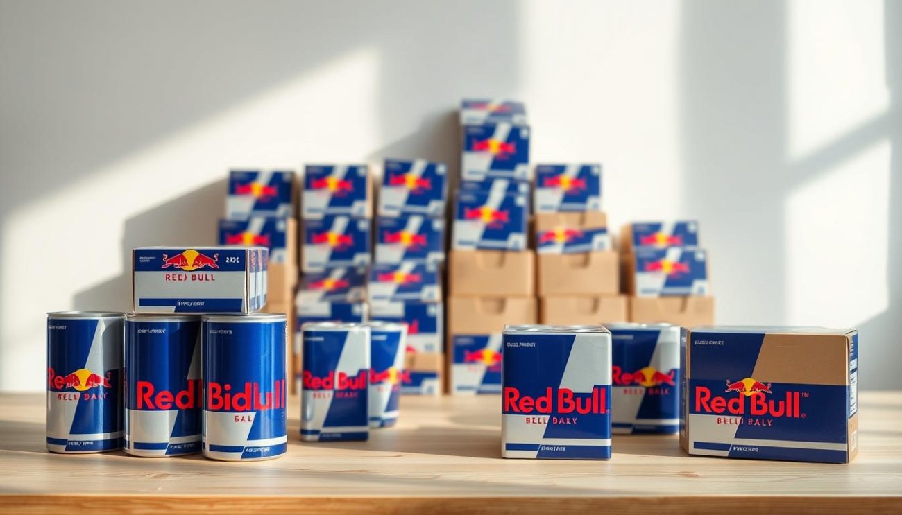 A neatly arranged still life showcasing an assortment of inexpensive bulk Red Bull cases in a variety of packaging options. The main focus is on the foreground, where several stacks of cardboard cases in the classic Red Bull red and blue color scheme are prominently displayed on a clean, neutral-toned surface, perhaps a wooden table or countertop. In the middle ground, additional cases are arranged in a more casual, scattered layout, highlighting the different shapes and sizes available. The background features subtle, natural lighting, casting soft shadows and creating a sense of depth and dimension. The overall mood is one of efficiency, practicality, and a keen focus on the various bulk packaging solutions for this popular energy drink.