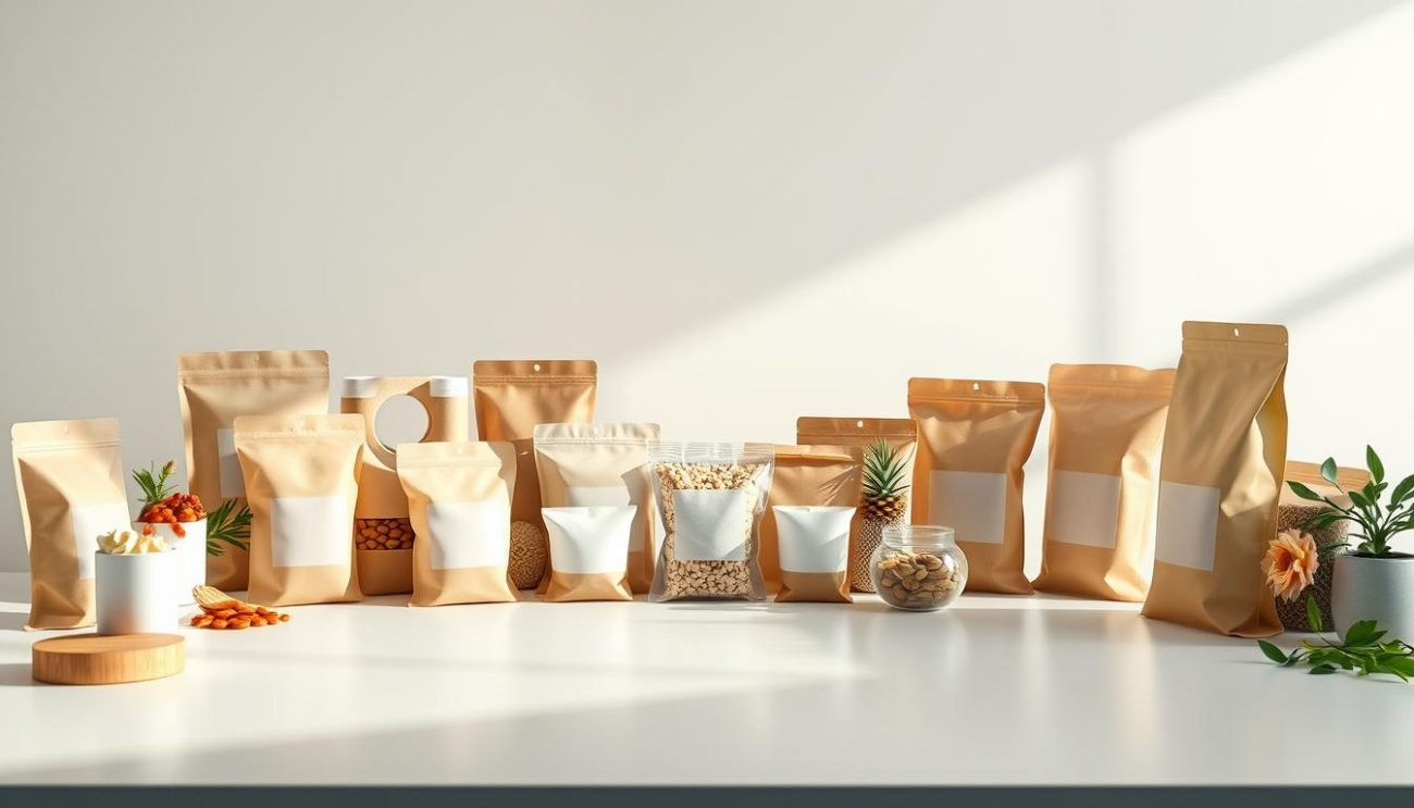 A photorealistic product shot of TIPA's flexible packaging range, showcased on a sleek, minimalist tabletop setup. The foreground features an array of TIPA's compostable pouches, bags, and films, arranged in a visually appealing, symmetrical layout. The middle ground showcases a clean, white background that enhances the packaging's natural textures and colors. The lighting is soft and diffused, creating a warm, inviting atmosphere that highlights the sustainable, eco-friendly nature of the products. The overall composition emphasizes the variety and versatility of TIPA's flexible packaging solutions, presenting them as premium, high-quality alternatives to traditional plastic packaging.