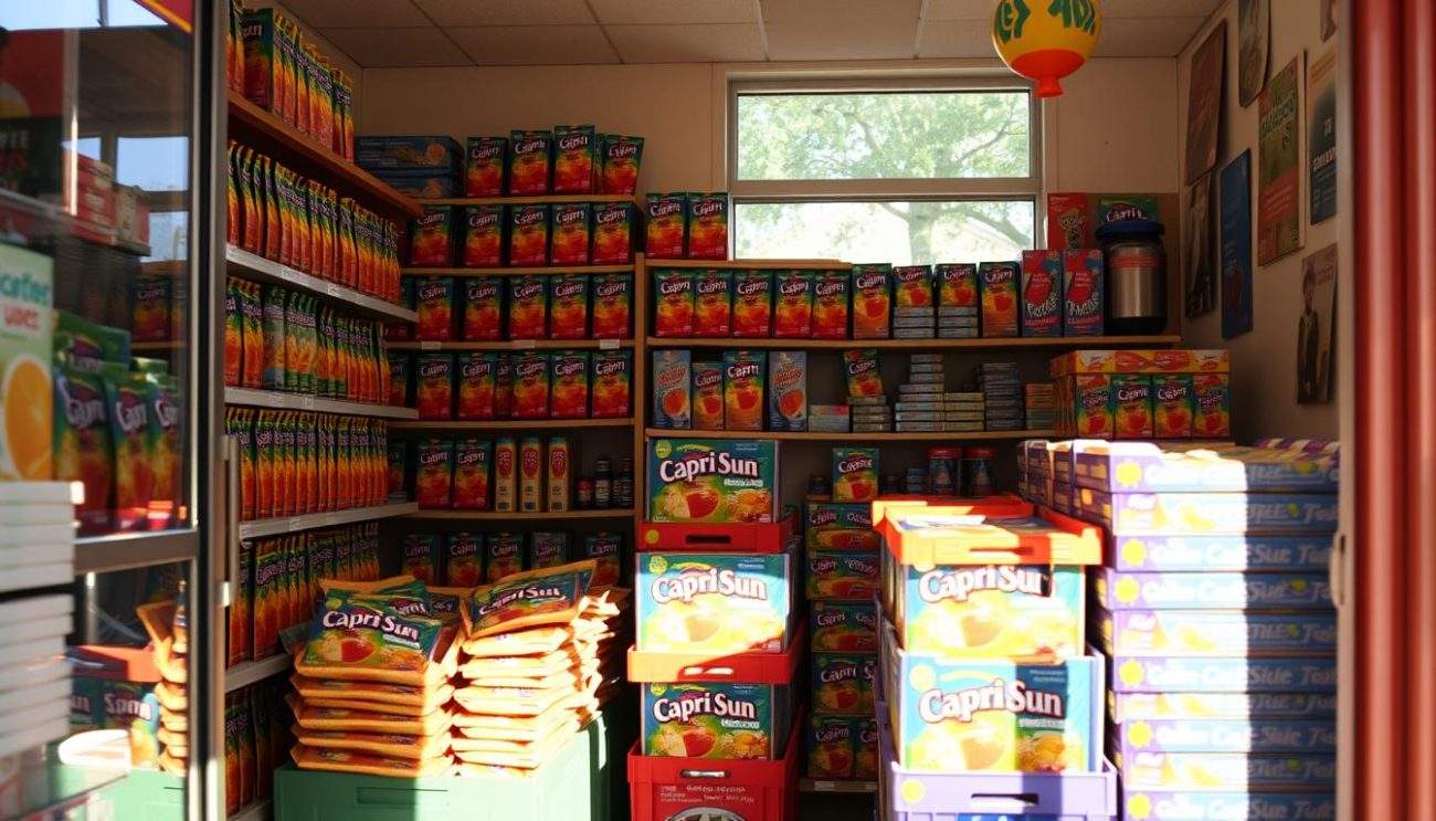 A small, cozy neighborhood convenience store, the shelves lined with a vibrant array of Capri Sun pouches in various flavors. Warm, natural lighting filters through the windows, casting a soft glow over the display. Neatly stacked crates of the iconic juice pouches sit ready to be restocked, their bright colors and playful designs catching the eye. The store's interior has a welcoming, community-oriented atmosphere, inviting passersby to step in and grab their favorite Capri Sun flavor for a refreshing treat. The overall scene conveys a sense of local charm and the availability of this beloved beverage in the heart of the neighborhood.
