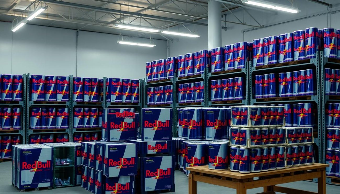 A spacious, well-lit storage facility filled with neatly organized rows of stacked Red Bull crates. The crates are arranged on sturdy metal shelving units, creating a visually appealing and practical storage solution. Subtle lighting from overhead fixtures casts a warm glow, highlighting the vibrant red and blue colors of the iconic Red Bull cans. In the foreground, a selection of different storage options is presented, including individual crates, stacked configurations, and a table-style display. The overall scene conveys a sense of efficiency, attention to detail, and the ability to handle large quantities of the popular energy drink.