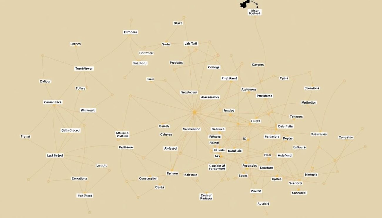 A top-down view of a complex network of canola oil suppliers, with various nodes representing major producers, refiners, and distributors in Australia. The nodes are connected by intricate, web-like lines, creating a visually striking representation of the interconnected nature of the industry. The network is set against a muted, earthy color palette, suggesting the natural and organic origins of the product. The overall composition conveys a sense of scale, complexity, and the strategic importance of these key industry players in the Australian canola oil distribution landscape.