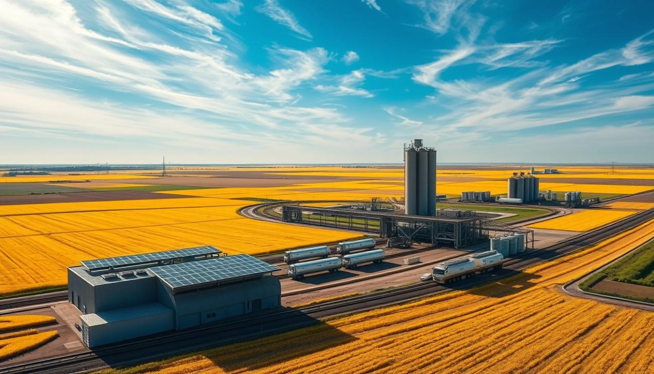 A vast, sun-drenched landscape with rolling fields of golden canola crops stretches out to the horizon. In the foreground, a network of modern, climate-resilient distribution facilities stand tall, their solar-paneled roofs gleaming. Towering silos and loading docks facilitate the efficient transfer of canola oil, ensuring its reliable delivery across the region. In the middle ground, trucks and trains traverse the well-maintained transportation network, carrying the precious cargo to distant markets. The sky is a brilliant azure, with wispy clouds drifting overhead, casting soft, natural illumination across the scene. The overall atmosphere conveys a sense of sustainable, large-scale agricultural prosperity, underscoring the industry's ability to adapt and thrive in the face of climate challenges.