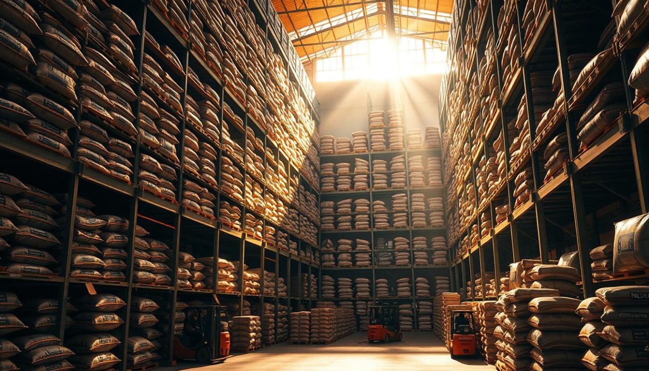A vast warehouse interior, shelves stacked high with bulging sacks of Nescafé coffee. Warm industrial lighting casts a golden glow, highlighting the rich brown hues of the freshly roasted beans. Forklift operators methodically load the bags onto pallets, preparing them for shipment. The air is thick with the scent of freshly brewed coffee, an aroma that fills the cavernous space. Sunlight streams through tall windows, casting long shadows across the scene. The overall impression is one of efficiency, quality, and the comforting familiarity of the Nescafé brand.
