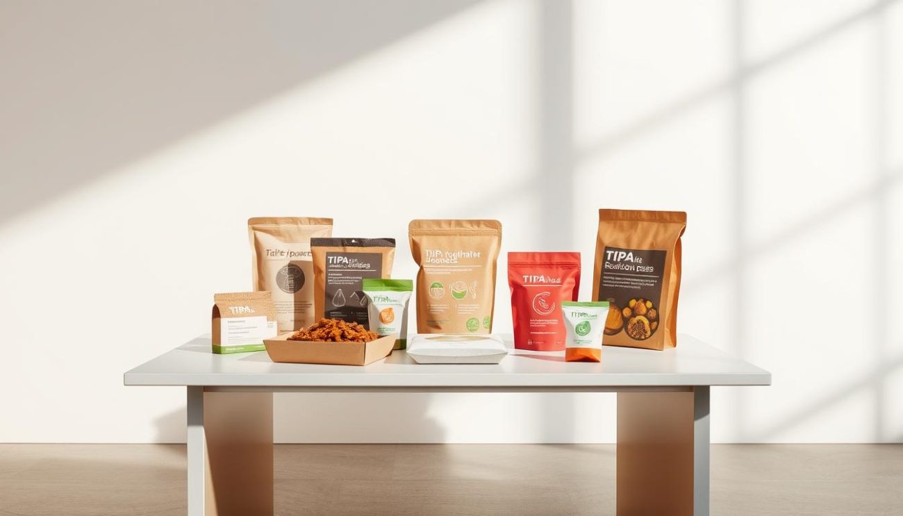 A visually striking and informative image showcasing the key benefits of TIPA's compostable packaging solutions. Set against a clean, minimalist backdrop, the scene depicts a sleek, modern tabletop display with a variety of TIPA packaging samples, each highlighting a distinct advantage through infographic-style illustrations. The packaging items are arranged artfully, allowing the viewer to appreciate their innovative design and sustainable materials. Soft, directional lighting accentuates the textures and colors, creating a sense of depth and highlighting the eco-friendly nature of the products. The overall composition is balanced and visually appealing, inviting the viewer to explore the unique features of TIPA's sustainable packaging solutions.