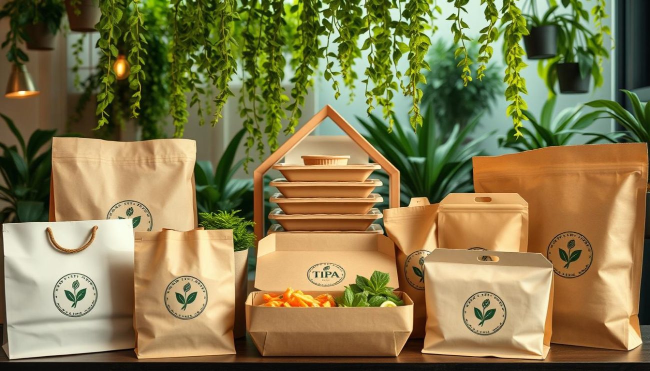 A visually striking eco-friendly packaging arrangement, showcasing a variety of sustainable materials and design elements. In the foreground, sleek, minimalist paper bags and boxes made from recycled pulp, accented with embossed plant-based logos. The middle ground features a geometric arrangement of compostable trays, clamshells, and pouches crafted from TIPA's innovative bioplastic. In the background, a lush, verdant environment with hanging vines and potted greenery, illuminated by warm, natural lighting. The overall mood is one of modern sophistication and environmental consciousness, highlighting TIPA's industry-leading compostable packaging solutions.