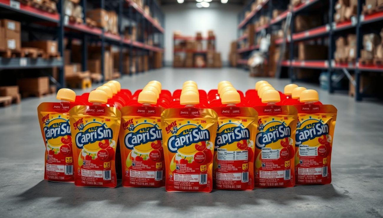 A well-lit, high-angle photograph of multiple Capri Sun juice pouches arranged neatly on a clean, neutral-colored surface. The pouches are stacked in an orderly grid, their iconic foil-lined packaging reflecting the studio lighting. In the background, a blurred warehouse setting with shelving units and storage boxes suggests the products are ready for distribution. The composition emphasizes the nutritional information displayed prominently on the packaging, allowing the viewer to clearly see the key ingredients and nutritional values. An atmospheric, professional-looking image that effectively communicates the "Capri Sun voedingswaarde" section of the article.