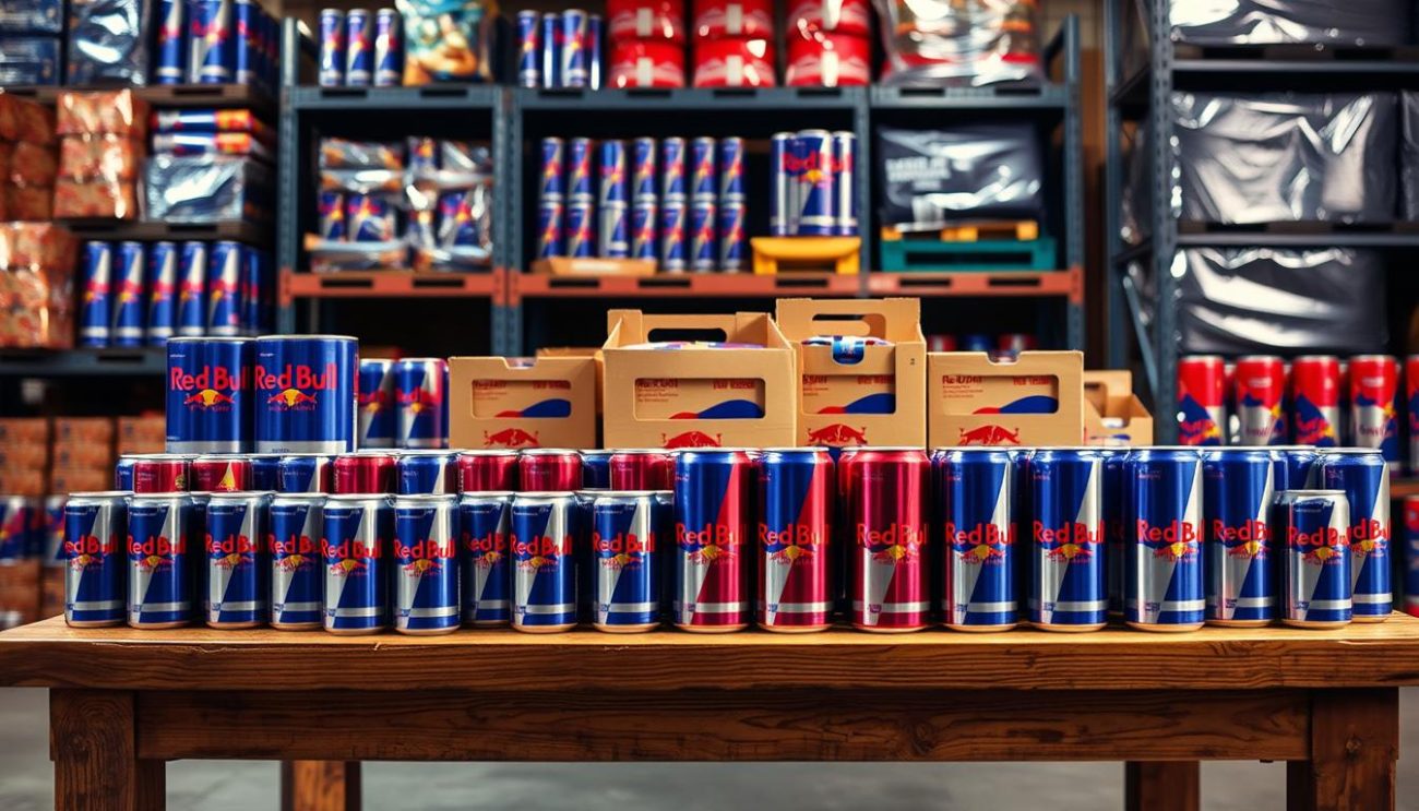 A well-lit, high-resolution photograph showcasing a large wooden table covered in various sizes and types of Red Bull energy drink cans and bottles. The table is set against a backdrop of industrial shelving stocked with additional bulk supplies of the product. Subtle ambient lighting casts a warm glow, highlighting the vibrant red and blue branding. The arrangement features a mix of individual cans, multi-packs, and crates to illustrate the diverse bulk purchasing options available. The overall scene conveys a sense of strategic, cost-effective bulk procurement, ideal for the "Money-Saving Strategies for Discount Red Bull Purchases" section of the article.