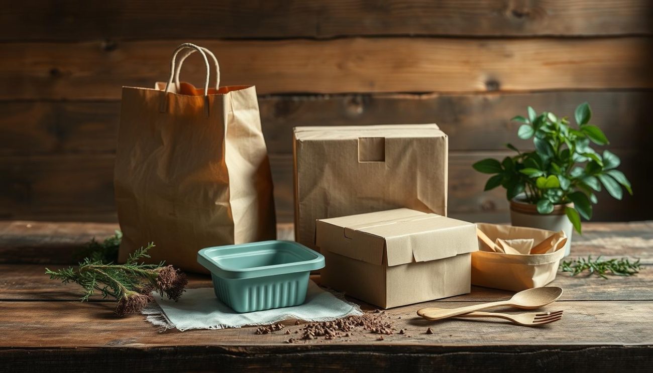 A well-lit still life of various compostable packaging materials, including a paper bag, a cardboard box, a plant-based plastic container, and a biodegradable utensil set, arranged on a rustic wooden table. The materials are presented with a focus on their natural textures and earthy tones, conveying a sense of sustainability and environmental responsibility. The lighting is soft and diffused, creating a warm, inviting atmosphere. The composition showcases the different types of compostable packaging in an informative and visually appealing manner.