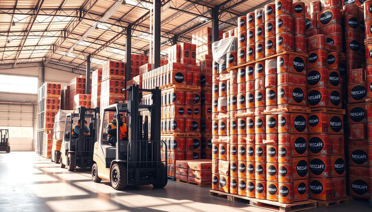 A well-organized warehouse interior, bright and airy, showcasing stacks of Nescafé coffee cans in various sizes and packages. Forklift operators meticulously arranging the discounted bulk orders, ready to be shipped out. The scene is bathed in warm, natural lighting, casting soft shadows and highlights that accentuate the rich, brown tones of the coffee cans. The overall atmosphere conveys a sense of efficiency and a commitment to providing wholesale Nescafé coffee at the best possible rates.