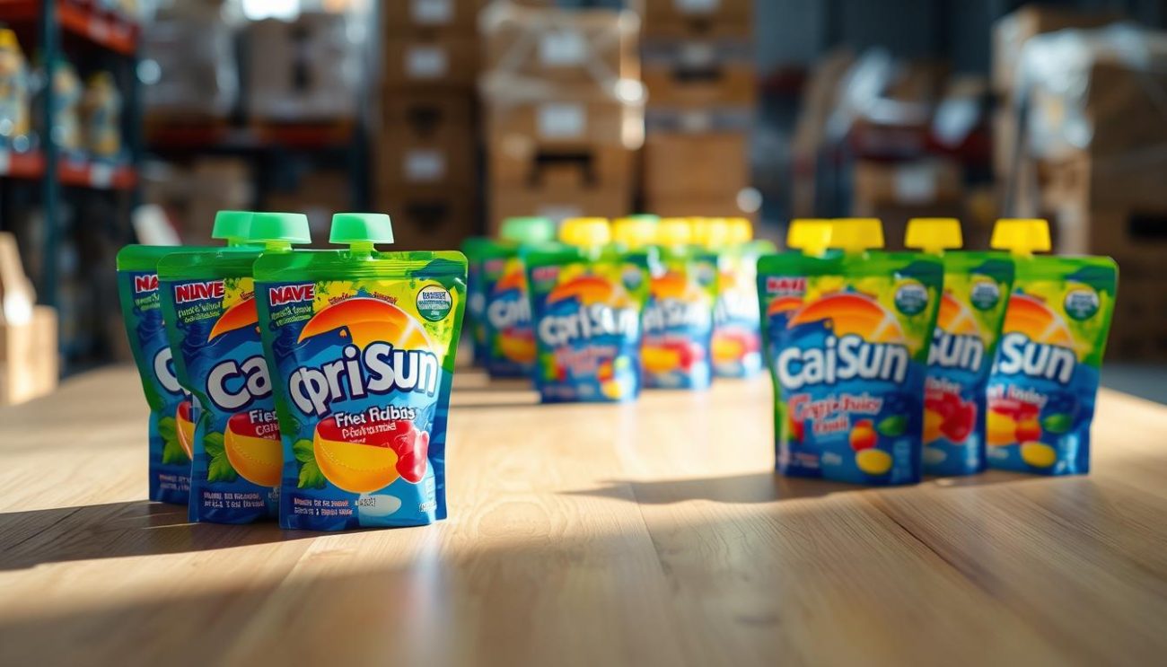 An assortment of Capri Sun pouches arranged neatly on a wooden table, their vibrant colors and distinctive shapes standing out against the natural surface. The lighting is soft and diffused, casting gentle shadows that accentuate the three-dimensional nature of the pouches. The foreground features a group of Capri Sun pouches, carefully positioned to showcase their iconic design and branding. The middle ground includes additional pouches, slightly out of focus, suggesting a larger stock or selection. The background is blurred, hinting at a warehouse or storage setting, where these refreshing drinks are prepared for online orders and delivery.