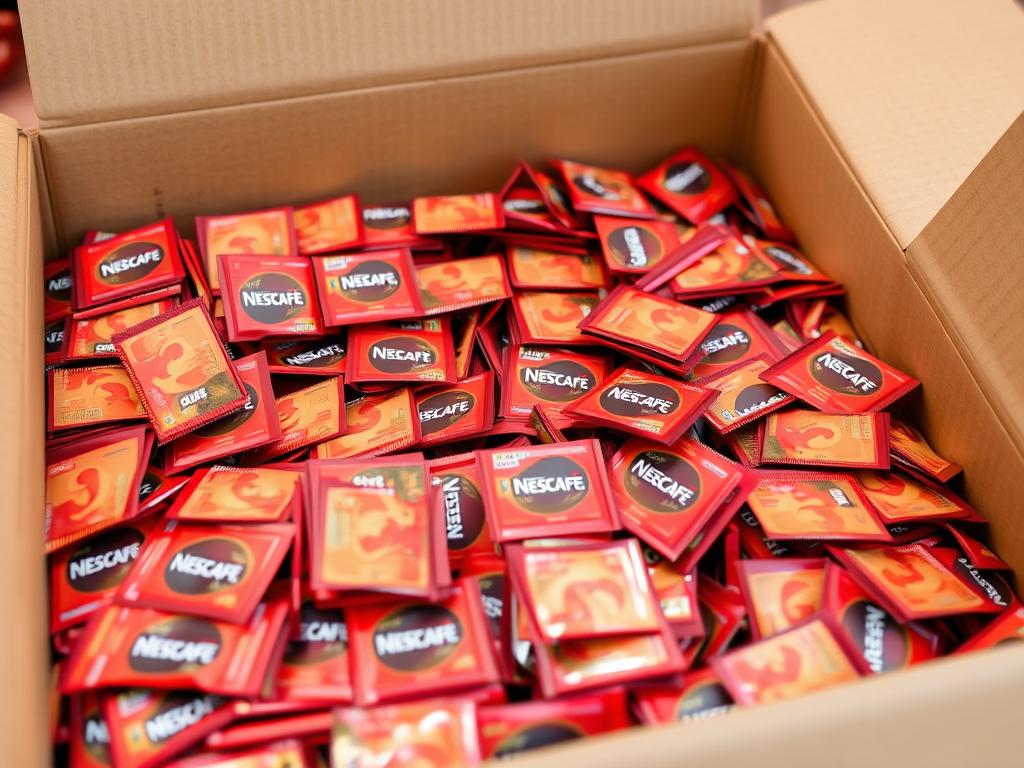 Bulk packaging of Nescafe coffee sachets for wholesale distribution