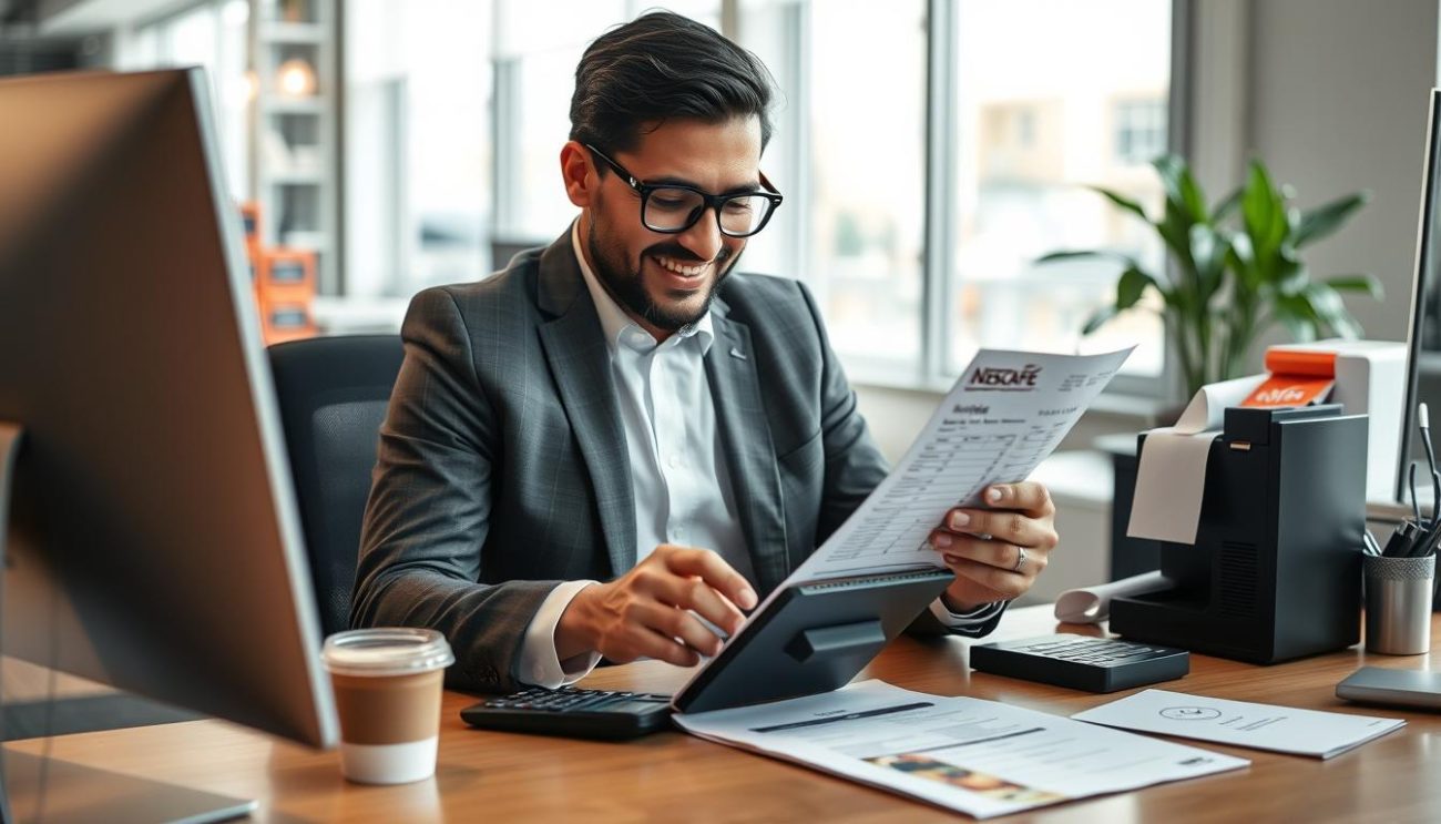Business owner calculating savings from wholesale Nescafe coffee purchase