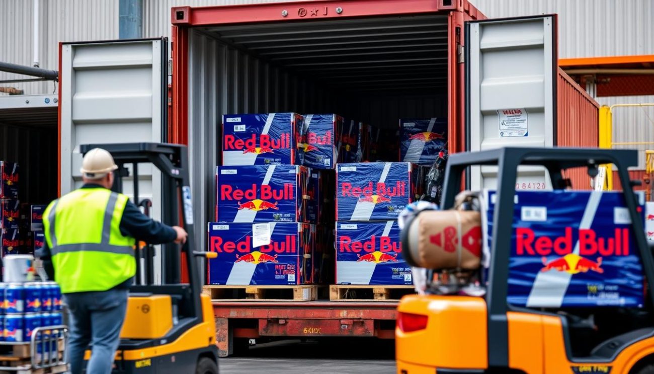 Container loading of Red Bull pallets for international shipping showing the import process