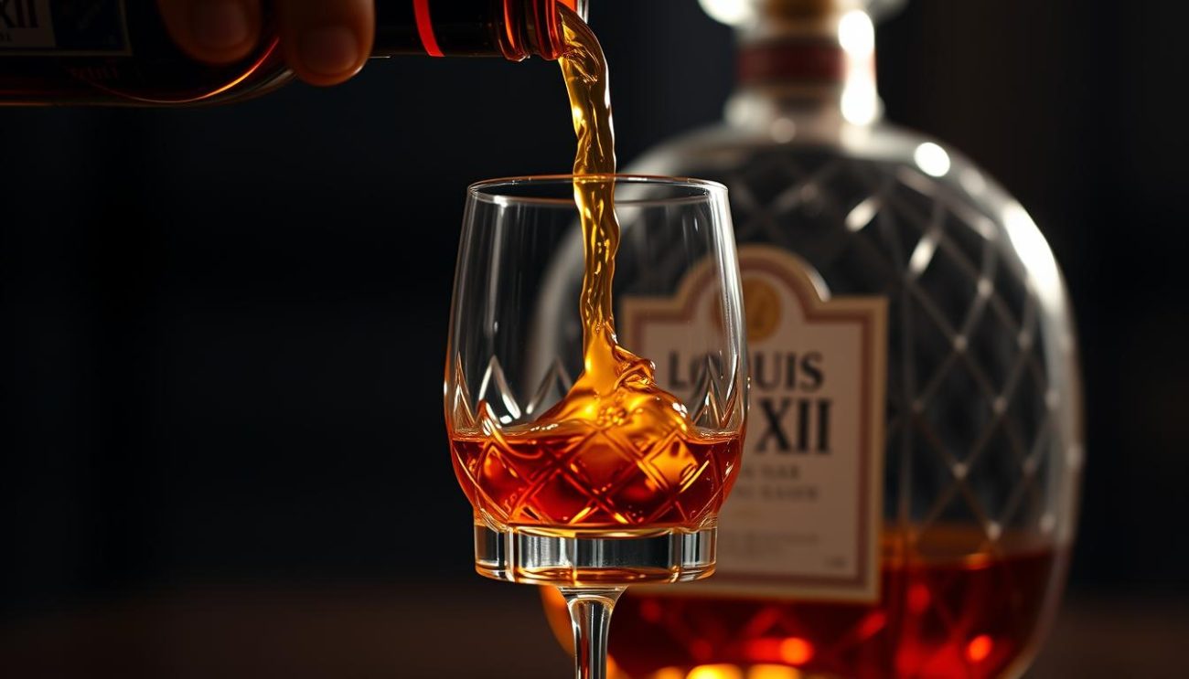 Louis XIII cognac being poured in crystal glass with decanter in background