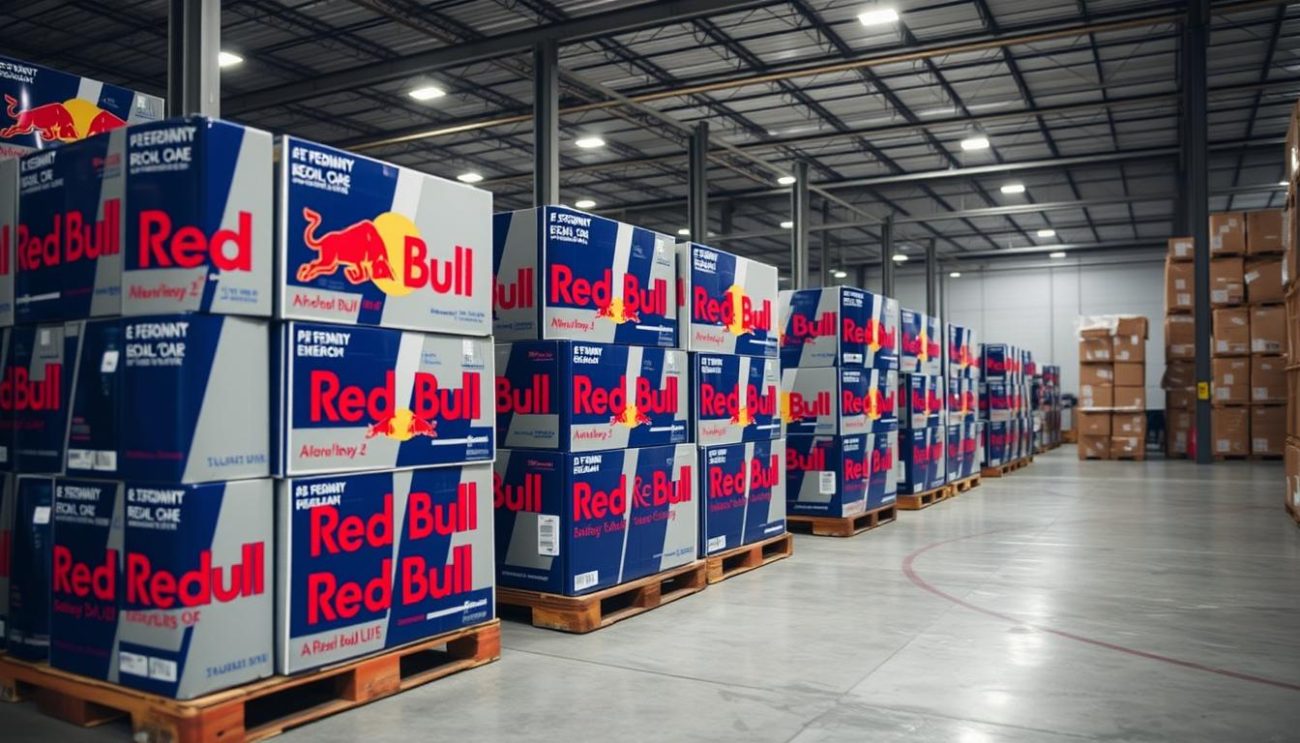Pallets of Red Bull energy drink cases stacked in a warehouse showing bulk inventory