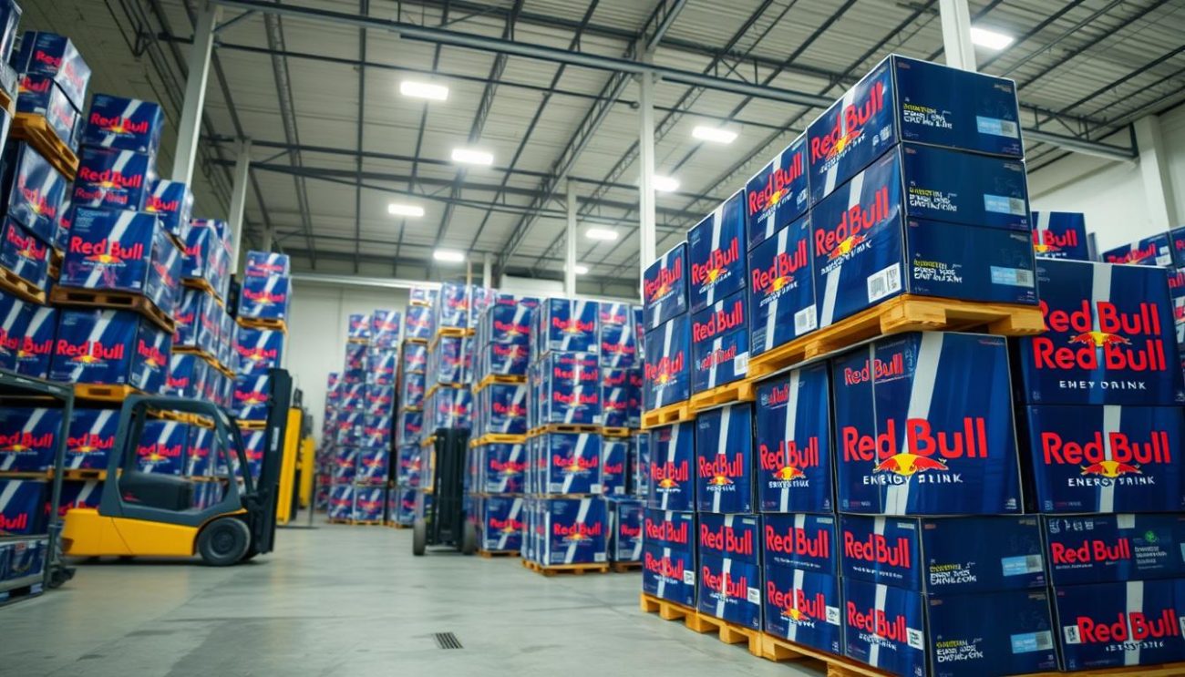 Red Bull Energy Drink Wholesale pallets in a warehouse ready for distribution