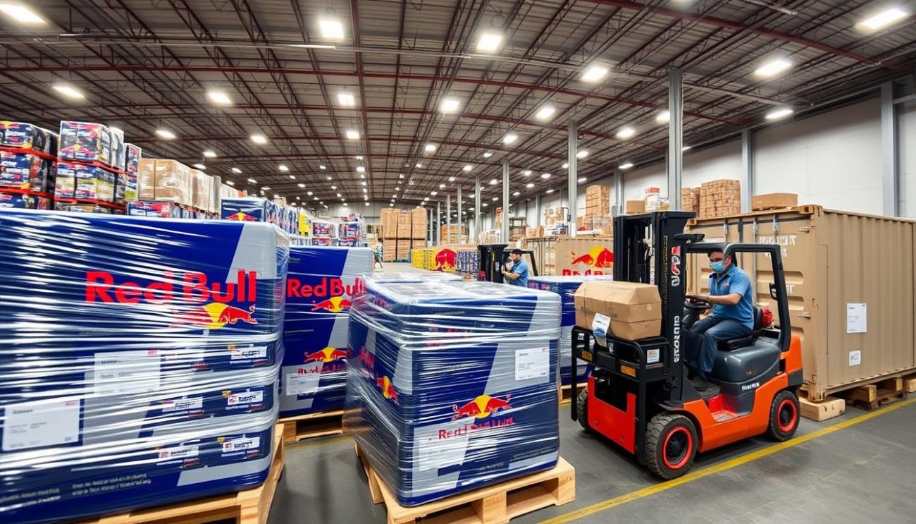 Red Bull Energy Drink wholesale distribution center showing international shipping preparation