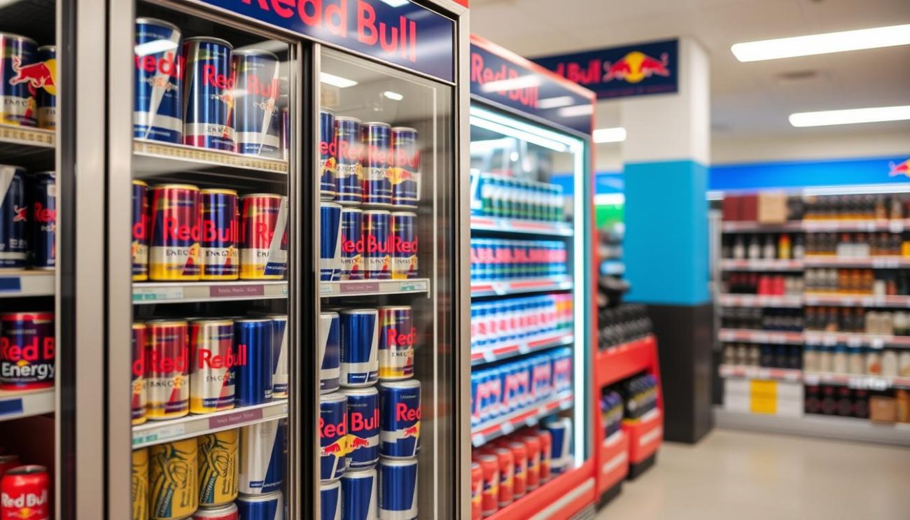 Red Bull Energy Drink wholesale retail display showing effective merchandising