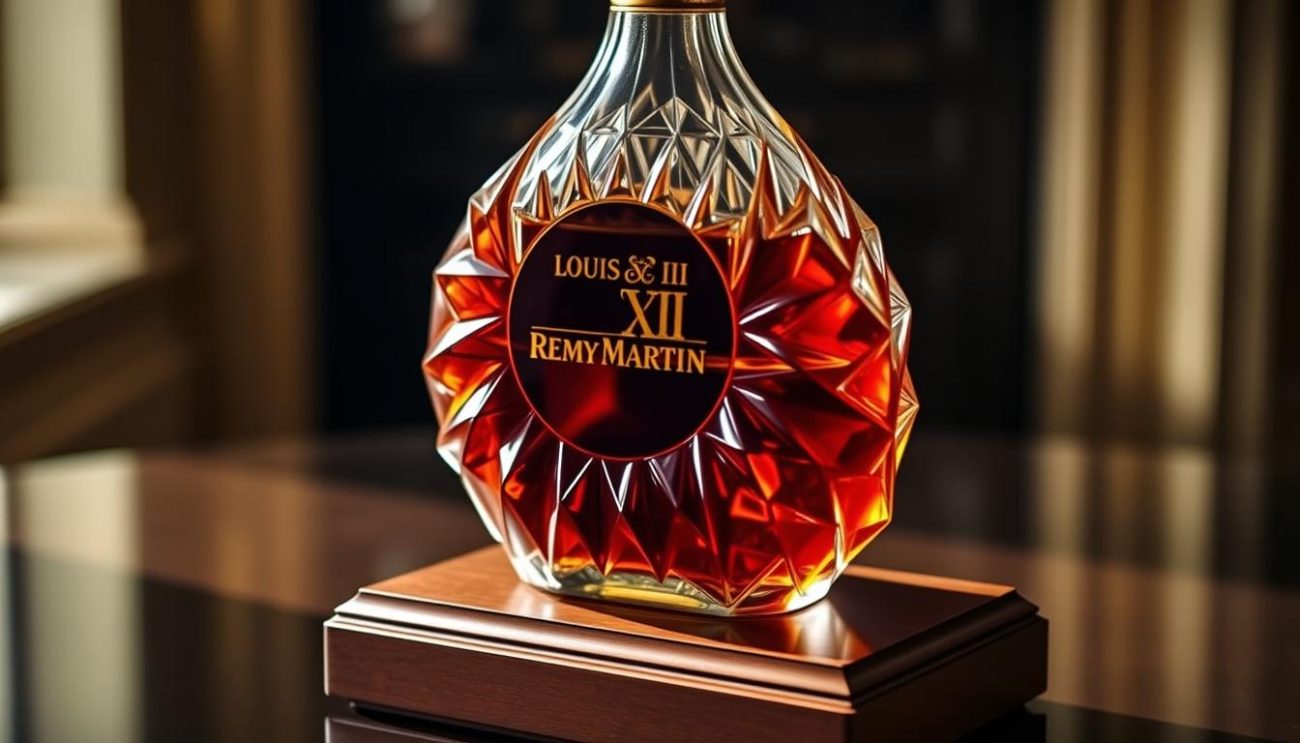 Remy Martin Louis XIII Classic Decanter: A Timeless Masterpiece A beautifully crafted, crystal-clear glass decanter with a distinctive cognac-inspired shape sits atop a polished, mahogany wood base. The decanter's intricate, faceted design catches the light, creating a mesmerizing play of shadows and highlights. The deep, amber-colored liquid within the vessel reflects the warm, inviting glow of a well-lit, sophisticated setting. Soft, directional lighting illuminates the decanter, accentuating its elegant contours and the rich, luxurious color of the Remy Martin Louis XIII Cognac it contains. The overall scene conveys a sense of timeless sophistication and a reverence for the art of fine spirits.