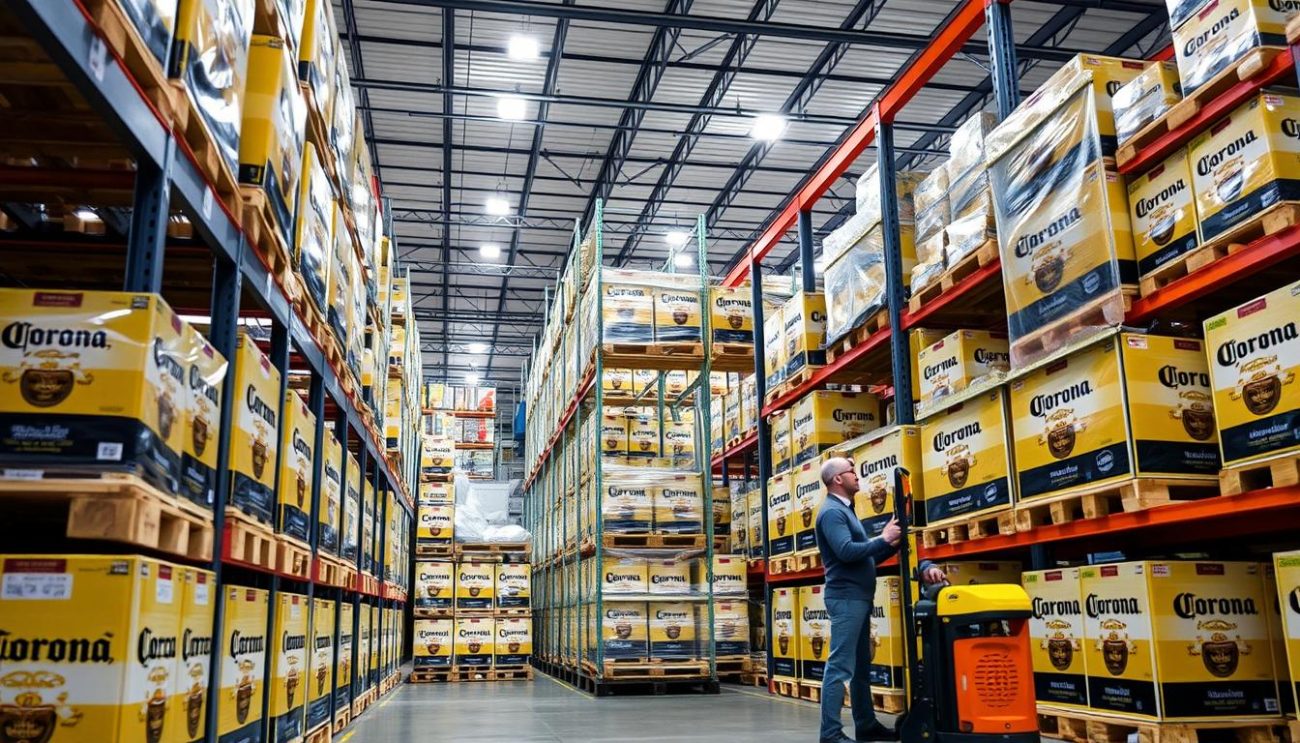 Warehouse storage of Corona beer pallets with proper handling procedures