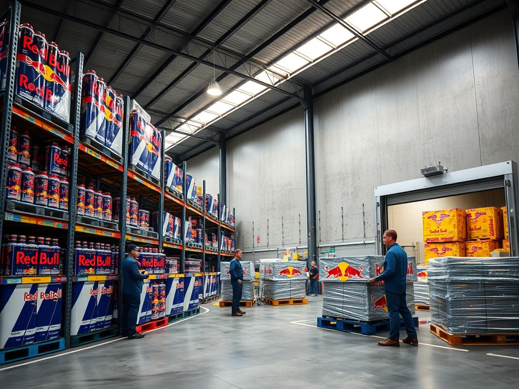 Zeki Frucht GmbH warehouse showing Red Bull distribution center with employees preparing bulk orders