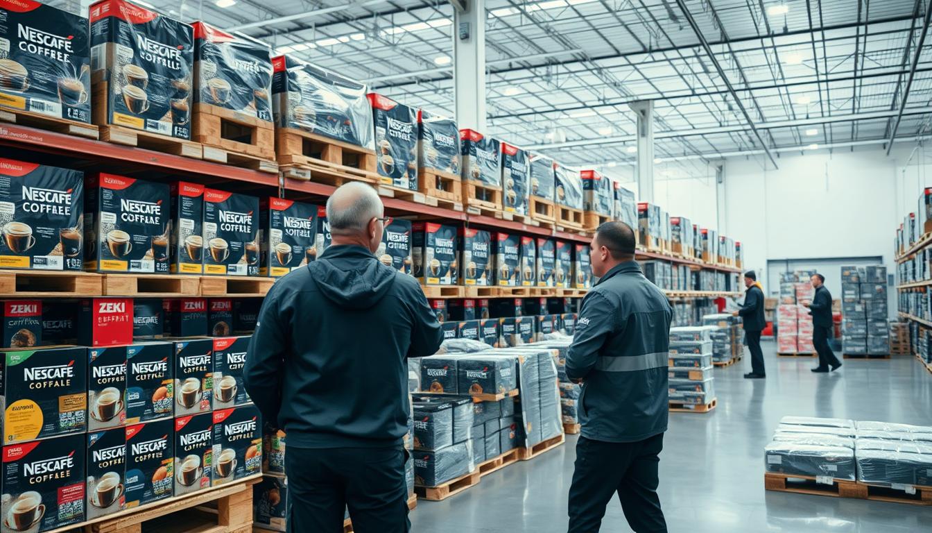 Zeki Frucht GmbH warehouse with stacked Nescafe coffee products ready for wholesale distribution