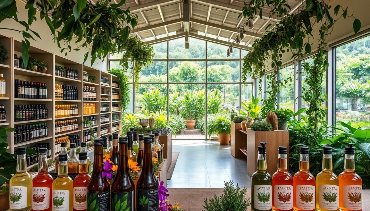 A botanically-inspired beverage distribution center nestled in a lush, verdant landscape. In the foreground, a meticulously curated display of vibrant, hand-crafted botanical infusions, their bottles and labels showcasing the care and attention to detail. The middle ground features a modern, airy interior with sleek shelving and spotlighting, highlighting the natural hues and textures of the products. In the background, floor-to-ceiling windows offer a panoramic view of a thriving garden, where the raw ingredients are cultivated with utmost care. The overall atmosphere exudes a sense of tranquility, quality, and a deep connection to the natural world.