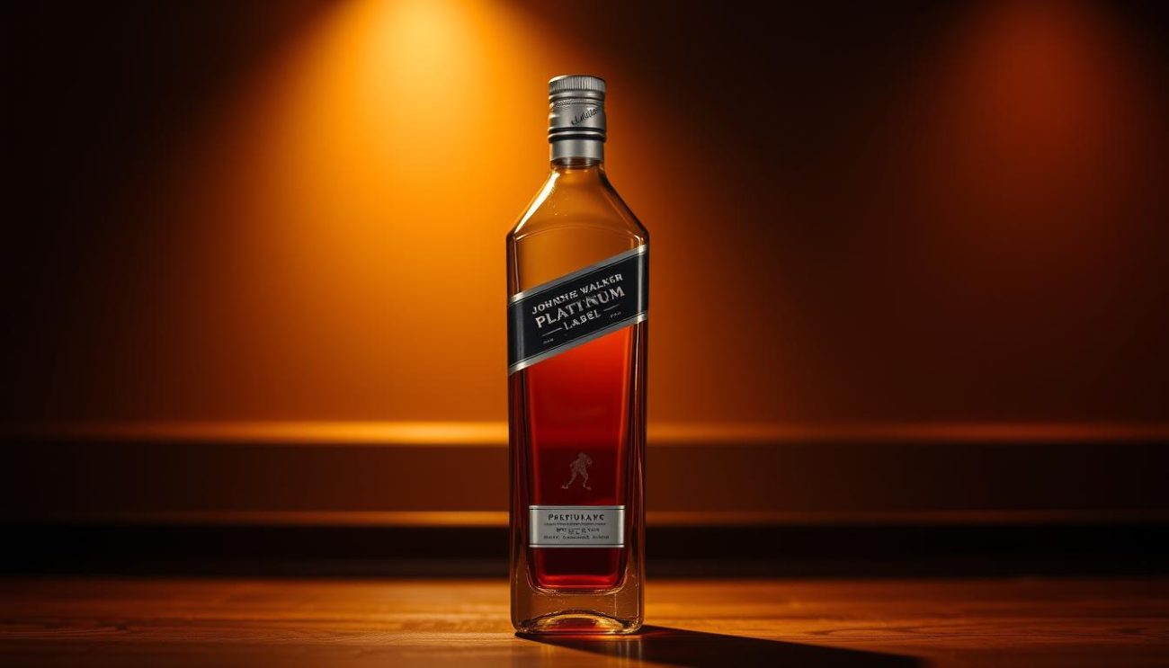 A bottle of Johnnie Walker Platinum Label liquor, prominently displayed on a wooden surface against a warm, dimly lit background. The bottle's elegant platinum label and sleek design are the focal point, bathed in soft lighting that casts subtle shadows and highlights the bottle's contours. The setting evokes a sense of luxury and exclusivity, hinting at the high-quality nature of the product. The overall atmosphere is sophisticated and inviting, creating a visually appealing representation of the "Johnnie Walker Platinum Label por atacado" subject.