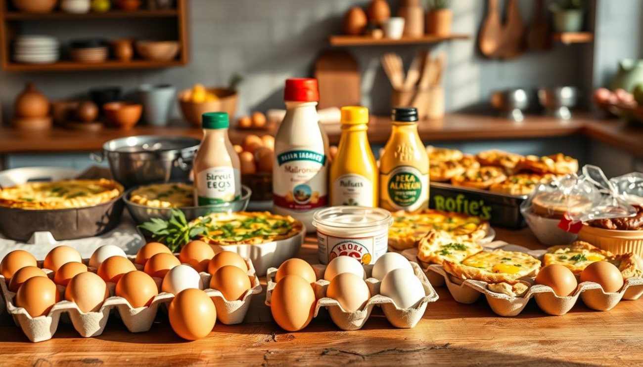 A bountiful display of a variety of egg-based products on a rustic wooden table, bathed in warm, natural lighting. In the foreground, a carton of fresh brown and white eggs sits alongside an array of quiches, frittatas, and other delectable egg-based dishes. In the middle ground, a selection of artisanal egg-based condiments, such as mayonnaise and hollandaise sauce, are arranged neatly. The background features a subtle, blurred backdrop of a bustling kitchen, conveying a sense of culinary expertise and abundance. The overall scene exudes a sense of quality, craftsmanship, and the versatility of eggs as a key ingredient in a wide range of European culinary offerings.