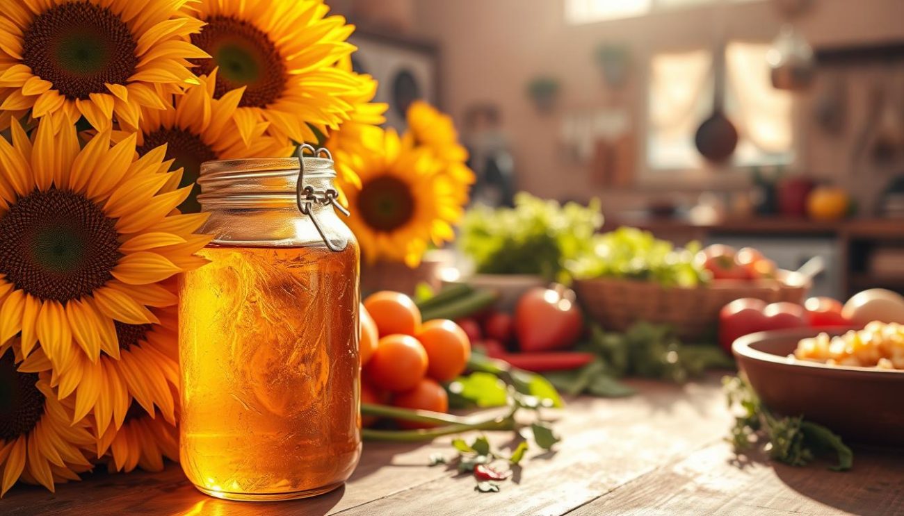 A bountiful harvest of vibrant sunflowers, their golden petals glistening under the warm afternoon sun. In the foreground, a glass jar filled with rich, amber-hued sunflower oil, casting a soft, inviting glow. The oil's surface ripples gently, hinting at its luxurious texture. In the middle ground, a wooden table laden with fresh produce - crisp vegetables, fragrant herbs, and the promise of culinary delights. The background features a cozy, rustic kitchen, filled with the aroma of simmering dishes and the promise of homemade goodness. A scene that evokes the essence of wholesome, homemade cooking, using the versatile and flavorful sunflower oil.