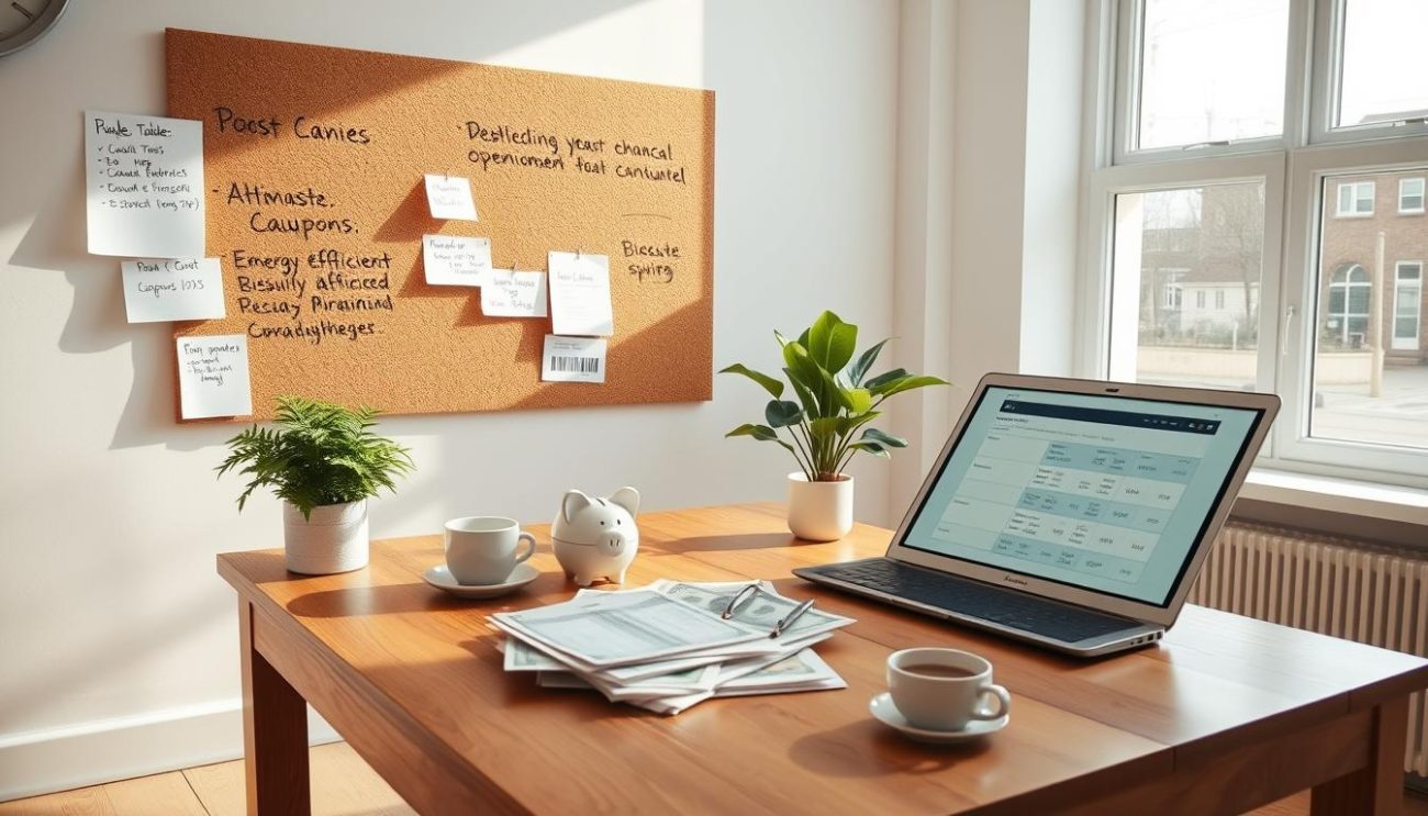 A bright, airy room with natural light streaming through large windows. On a wooden table, an open laptop displays financial calculations, alongside a stack of bills and a piggy bank. A plant and a cup of coffee add a touch of coziness. On the wall, a corkboard displays handwritten notes and various cost-saving strategies, such as budgeting tips, discount coupons, and energy-efficient appliance recommendations. The overall atmosphere conveys a sense of organization, focus, and a determined pursuit of financial optimization.