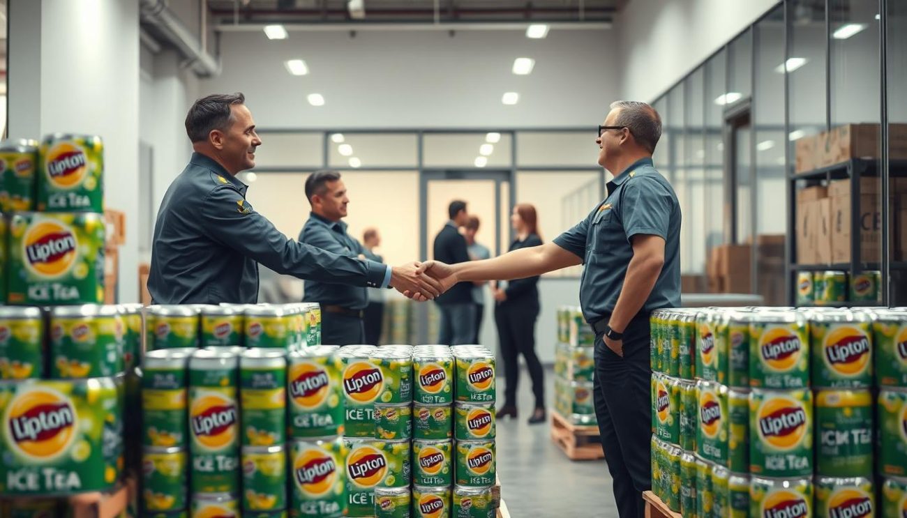 A bright and modern warehouse interior, showcasing stacked pallets of Lipton Ice Tea cans in the foreground, arranged in an orderly fashion. In the middle ground, two employees in uniforms are shaking hands, sealing a deal between the distributor and a retailer. The background features a glass-walled office space, where other team members are collaborating. Soft, diffused lighting illuminates the scene, conveying a sense of professionalism and trustworthiness. The overall composition highlights the distributor's reliable supply chain and their commitment to building strong, mutually beneficial partnerships.