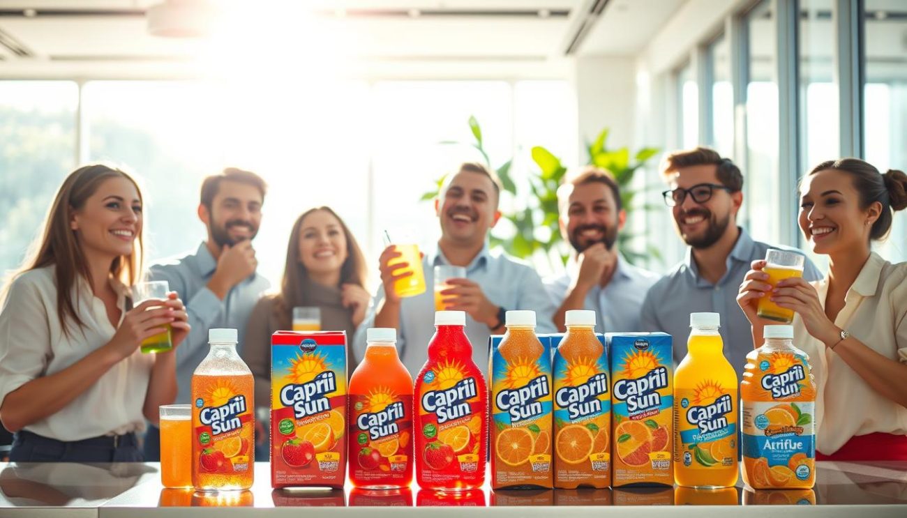 A bright, sun-drenched scene depicting the benefits of Capri-Sun beverages for businesses. In the foreground, a group of happy office workers enthusiastically enjoy the refreshing Capri-Sun drinks, their expressions conveying the rejuvenating effects. In the middle ground, an array of Capri-Sun products are neatly displayed, their vibrant colors and packaging design emphasizing the brand's premium quality. The background showcases a modern, well-appointed office space with large windows, allowing natural light to flood the scene. The overall atmosphere is one of productivity, energy, and the synergistic relationship between Capri-Sun and a thriving business.