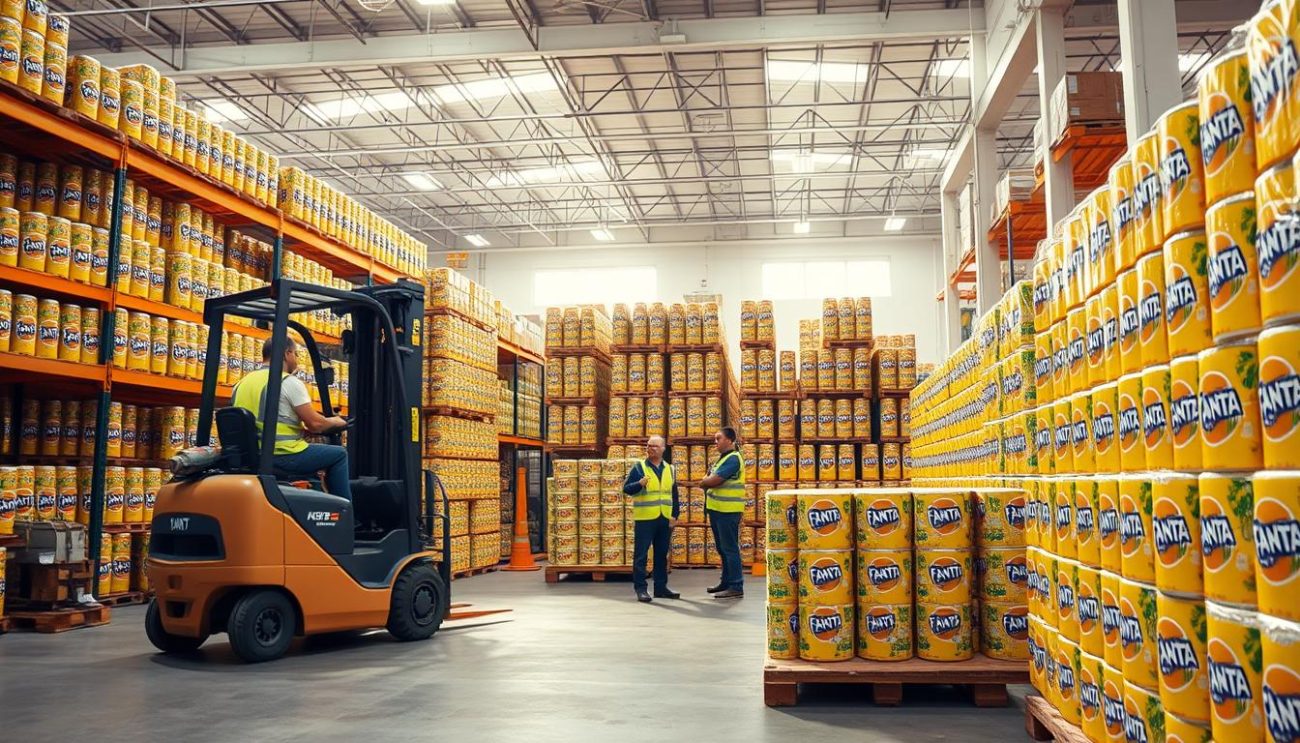 A bright, sunlit warehouse interior with stacks of neatly organized Fanta soda cans lining the shelves. The foreground features a forklift operator carefully loading a pallet of Fanta cans onto a truck, while in the middle ground, workers in safety gear inspect inventory and discuss order details. The background showcases the expansive scale of the wholesale distribution center, with high ceilings, large windows, and a sense of efficiency and commercial activity. The overall atmosphere is one of professionalism, attention to detail, and the reliable, large-scale supply of Fanta products.