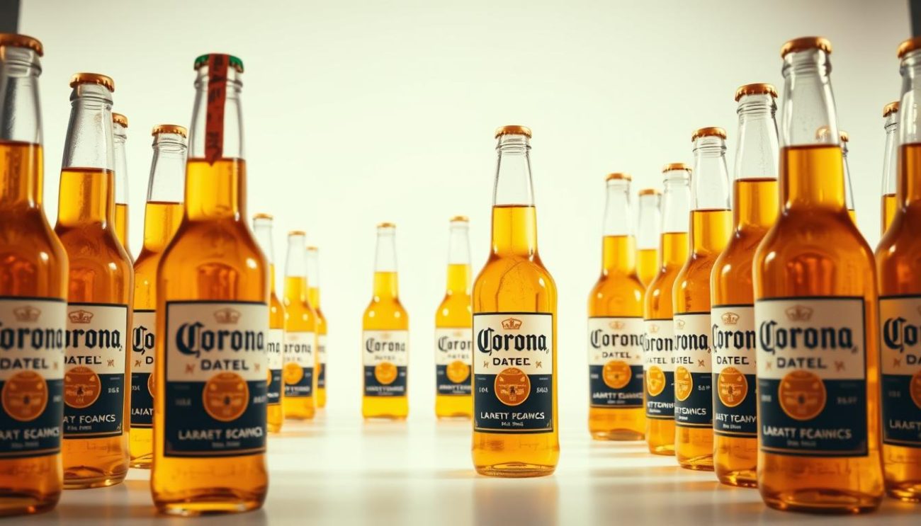 A bright, vibrant display of Corona beer bottles arranged in a competitive pricing comparison. The foreground features a row of Corona bottles with clearly marked price tags, showcasing their competitive nature. The middle ground includes a clean, minimalist backdrop, perhaps a simple white or light-colored surface, allowing the bottles to take center stage. The lighting is natural and warm, perhaps from a softbox or diffused window light, creating a crisp, high-quality image. The overall mood is one of clarity, highlighting the competitive pricing of this popular Mexican beer brand.