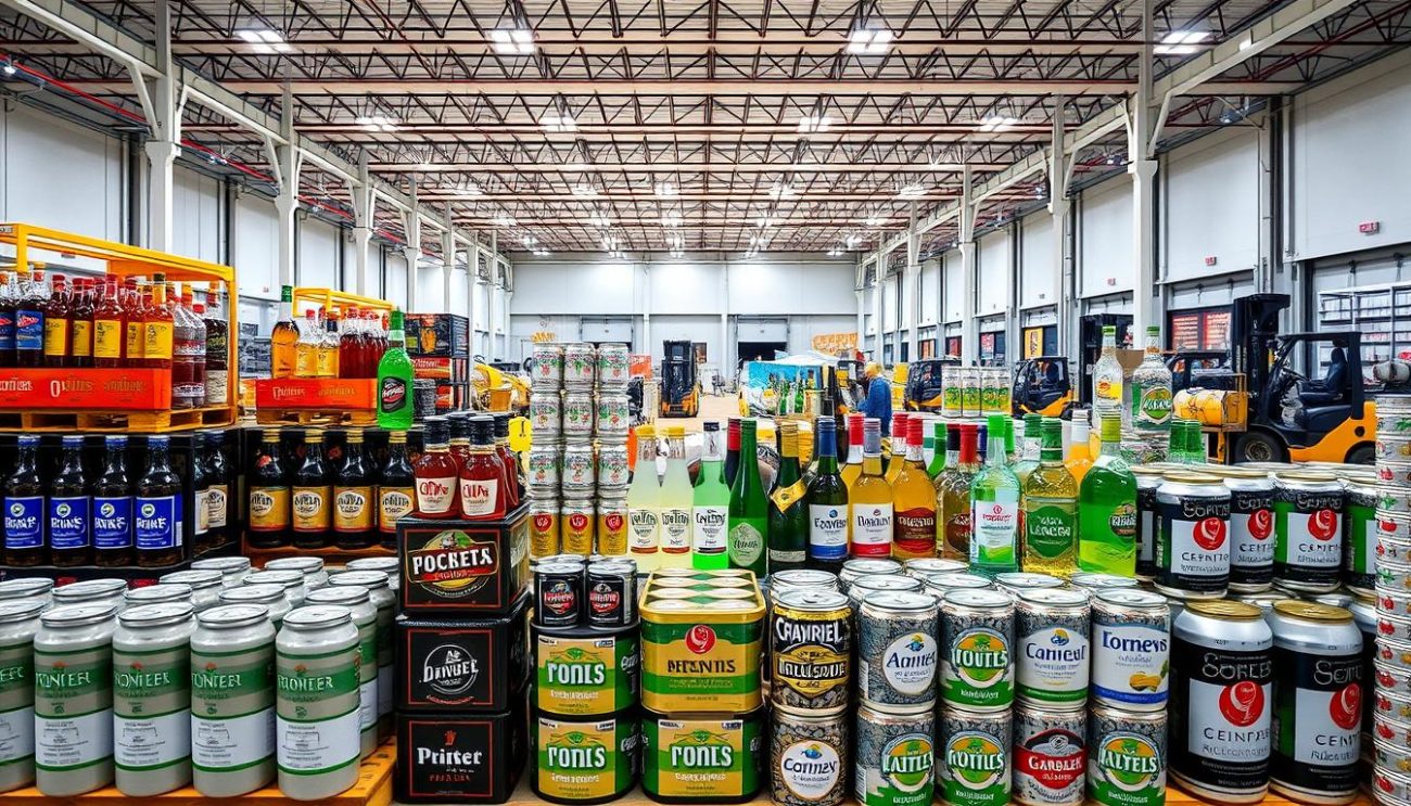 A brightly lit, expansive warehouse interior showcasing an array of leading global mixer brands. In the foreground, stacks of wholesale mixer bottles and cans are carefully arranged, ready for shipment. The middle ground features a mix of popular soda, tonic, and cocktail mixer brands, their logos and packaging prominently displayed. In the background, forklift trucks and loading docks suggest a bustling, efficient logistics operation. The overall scene conveys a sense of quality, variety, and reliable wholesale supply of the world's top mixer brands.