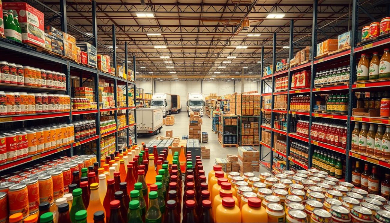 A brightly lit, high-angle shot of a diverse array of nutritional beverage distribution channels. In the foreground, a vibrant display of colorful bottles and cans showcasing a variety of superfood drinks and specialty imports. The middle ground features rows of shelves and storage units, meticulously organized to efficiently manage inventory. In the background, a network of distribution trucks and logistics infrastructure, hinting at the complex supply chain that brings these beverages to consumers. The lighting is warm and inviting, creating a sense of health, vitality, and abundance. The overall composition conveys the efficiency, variety, and attention to detail that characterize the wholesale distribution of these premium beverages.