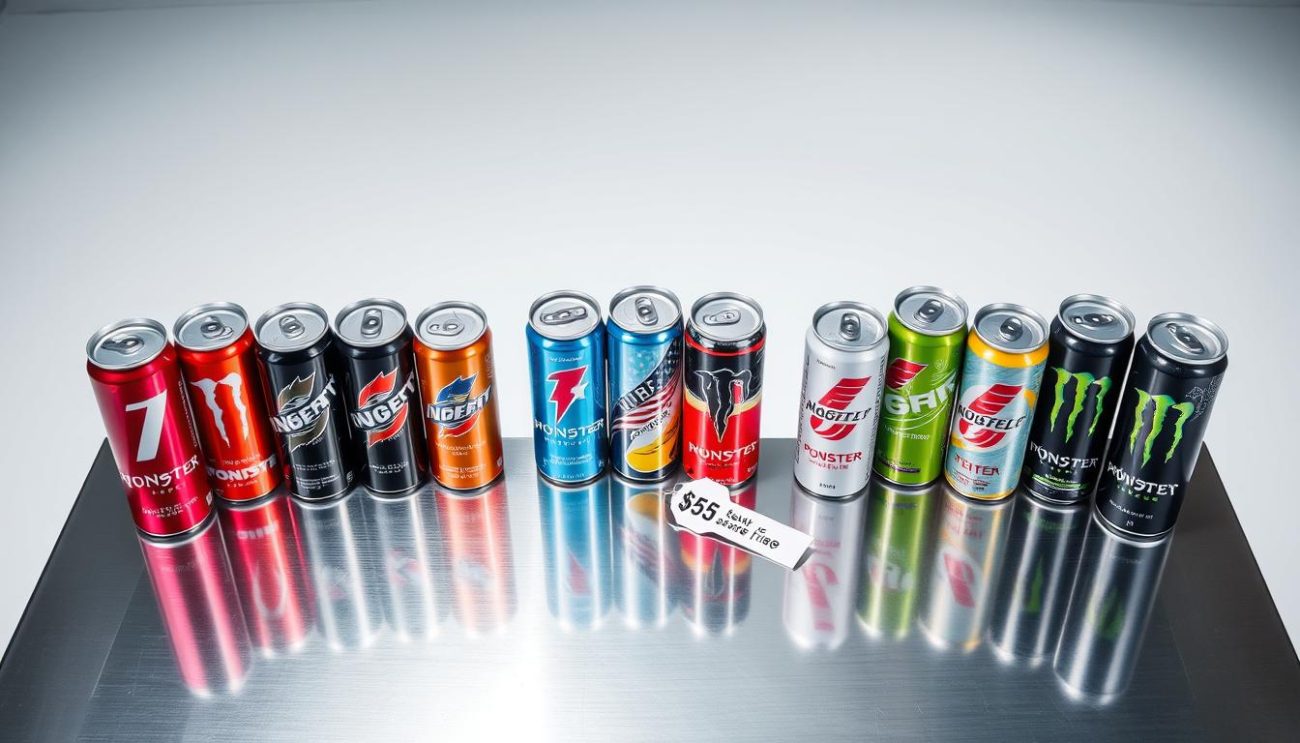 A brightly lit, high-angle shot of a selection of energy drink cans arranged on a sleek, metallic table. The cans are presented in an orderly, symmetrical layout, showcasing their diverse color schemes and distinct branding. The cans are accompanied by a price tag, demonstrating their competitive pricing. The background is a clean, minimalist studio setting with subtle reflections and shadows, emphasizing the crisp, professional presentation. The overall mood is one of quality, value, and a sense of business-oriented efficiency.